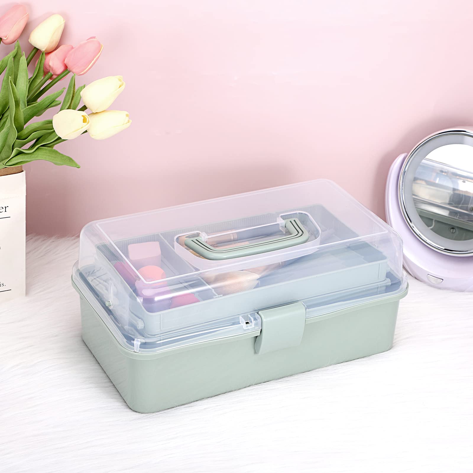 BTSKY 3-Layer Plastic Dividing Storage Box Craft Organizer and Storage | Portable Handled Art Supply Organizer with Adjustable Spacers Multipurpose Home Utility Box for Medicine, Sewing(Pink)