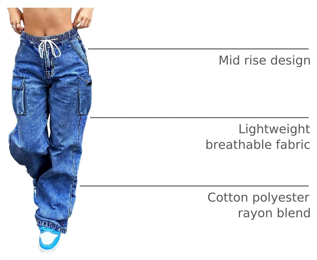 Cargo Jeans for Women Baggy Stretchy Wide Leg Denim Pants High Waisted y2k | Elastic Waist,Streetwear,Side Pockets,Cute,Trendy,Curvy,Mid Rise,Chic,Tall,Tie,Boyfriend,Loose,Casual,Fashion,Oversized