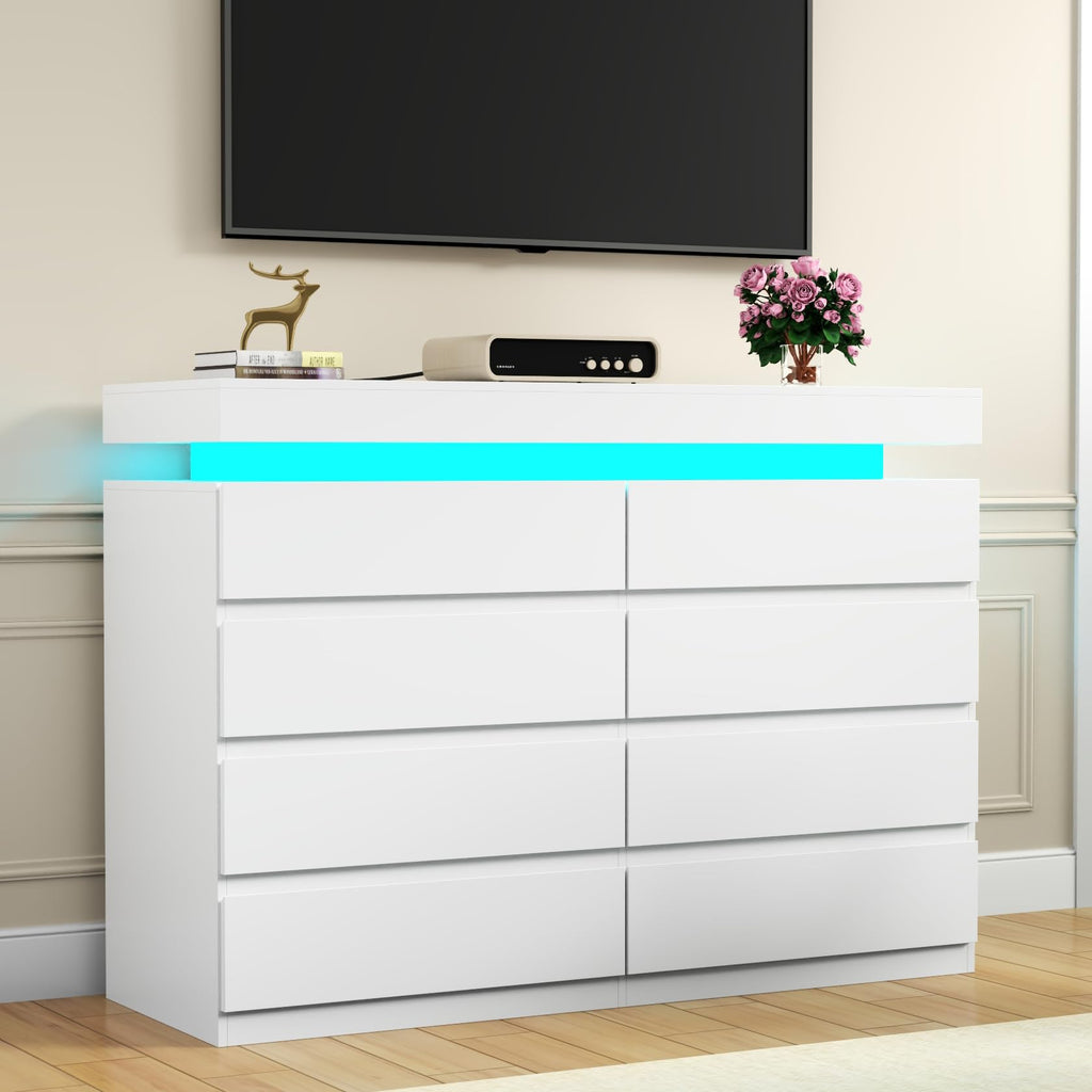Gyfimoie 6 Drawer Dresser with Power Outlet, Dresser with LED Light | Modern Chest of Drawers for Closet, Wide Drawer Organizer Cabinet for Bedroom,Living Room