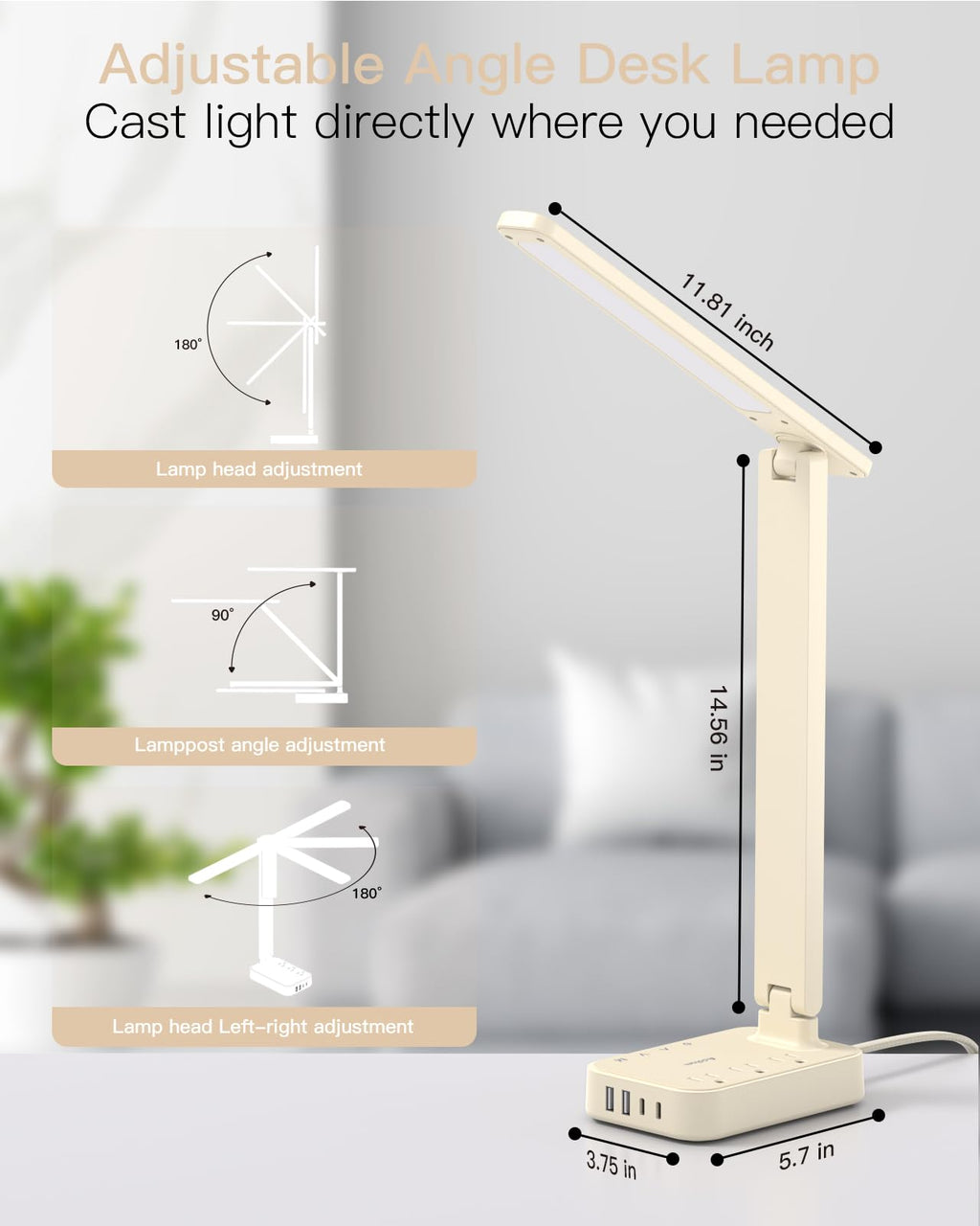 Addtam LED Desk Lamp, Power Strip with 3 Outlets 4 USB Charging Ports(2 USBC), 4 Modes 5 Level Brightness Touch Lamp, Small Desk Lamp for Home Office College Dorm Room Essentials