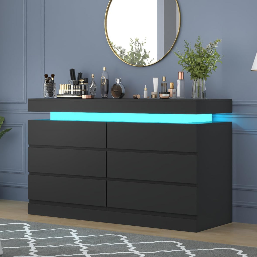 Gyfimoie 6 Drawer Dresser with Power Outlet, Dresser with LED Light | Modern Chest of Drawers for Closet, Wide Drawer Organizer Cabinet for Bedroom,Living Room