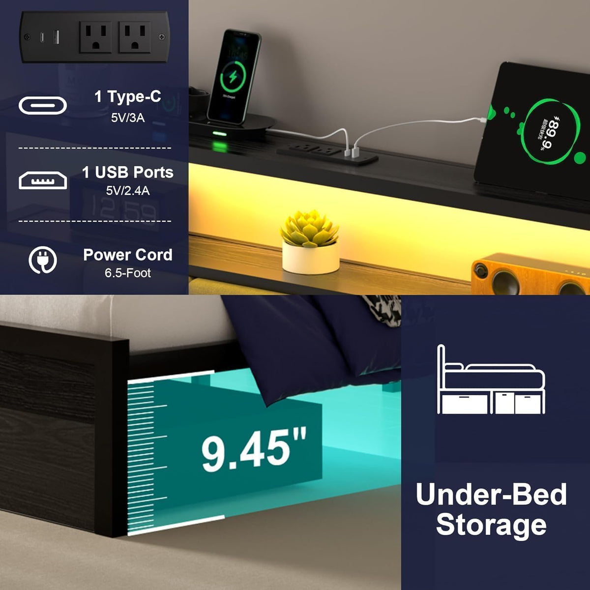 Full Bed Frames with Storage Drawer, Platform Bed with Charging Station and LED Lights, Upholstered Headboard with 2-Tier Storage Shelves, No Box Spring Needed