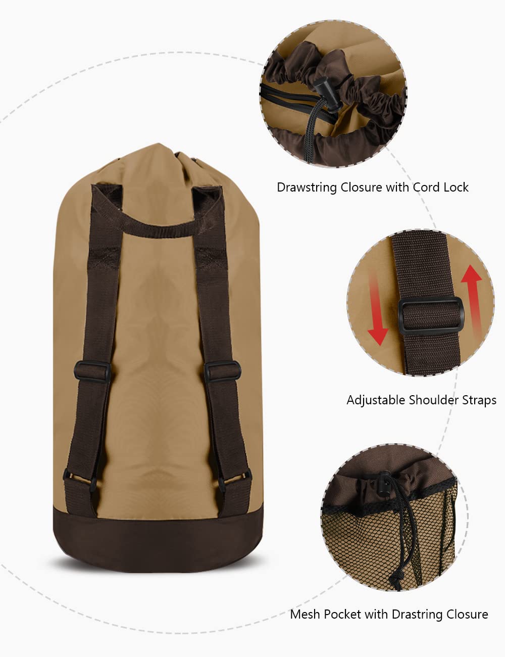 Backpack Laundry Bag, 115L Large Hamper with Shoulder Straps, Drawstring Closure, Mesh Pocket, Khaki