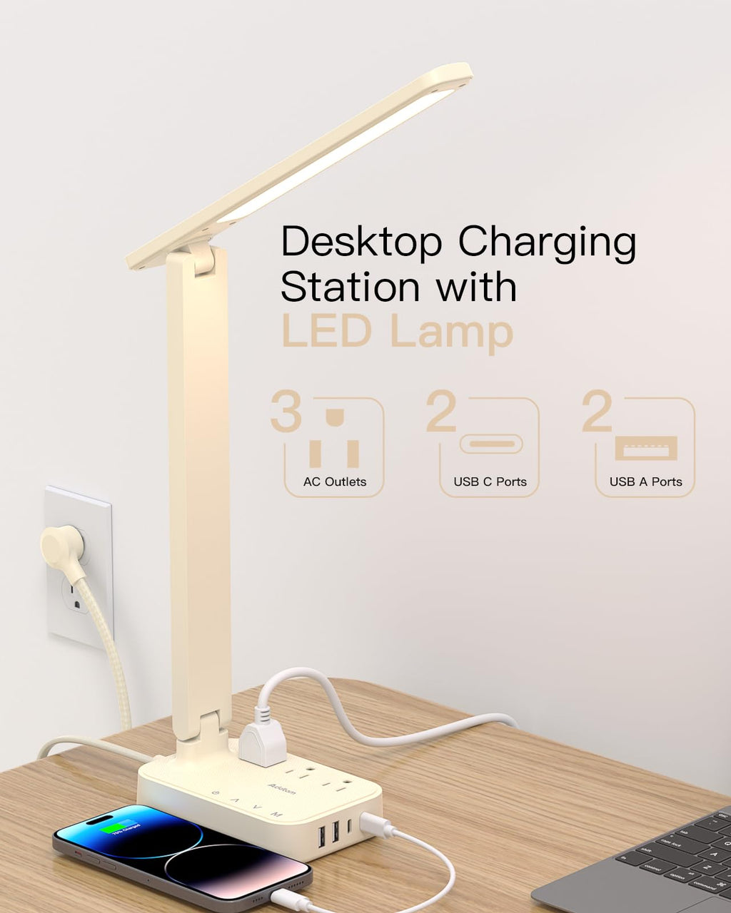 Addtam LED Desk Lamp, Power Strip with 3 Outlets 4 USB Charging Ports(2 USBC), 4 Modes 5 Level Brightness Touch Lamp, Small Desk Lamp for Home Office College Dorm Room Essentials
