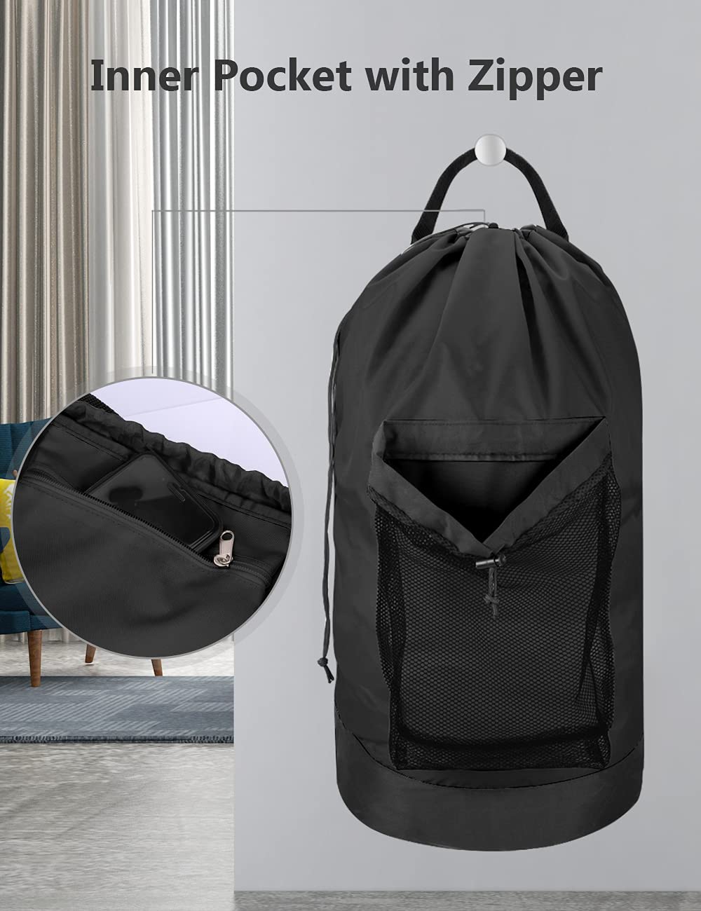 Backpack Laundry Bag, 115L Large Hamper with Shoulder Straps, Drawstring Closure, Mesh Pocket, Khaki