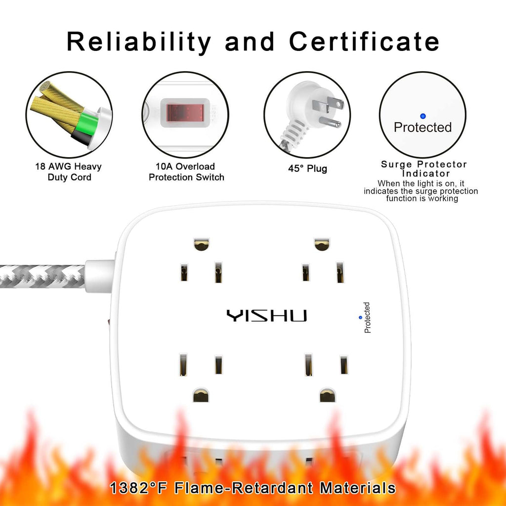 6Ft Surge Protector Power Strip with 8 Widely Outlets & 4 USB Ports | 3 Side Outlet Extender with 6 Feet Extension Cord, Flat Plug, for Home, Office, College Dorm Room Essentials, ETL, White