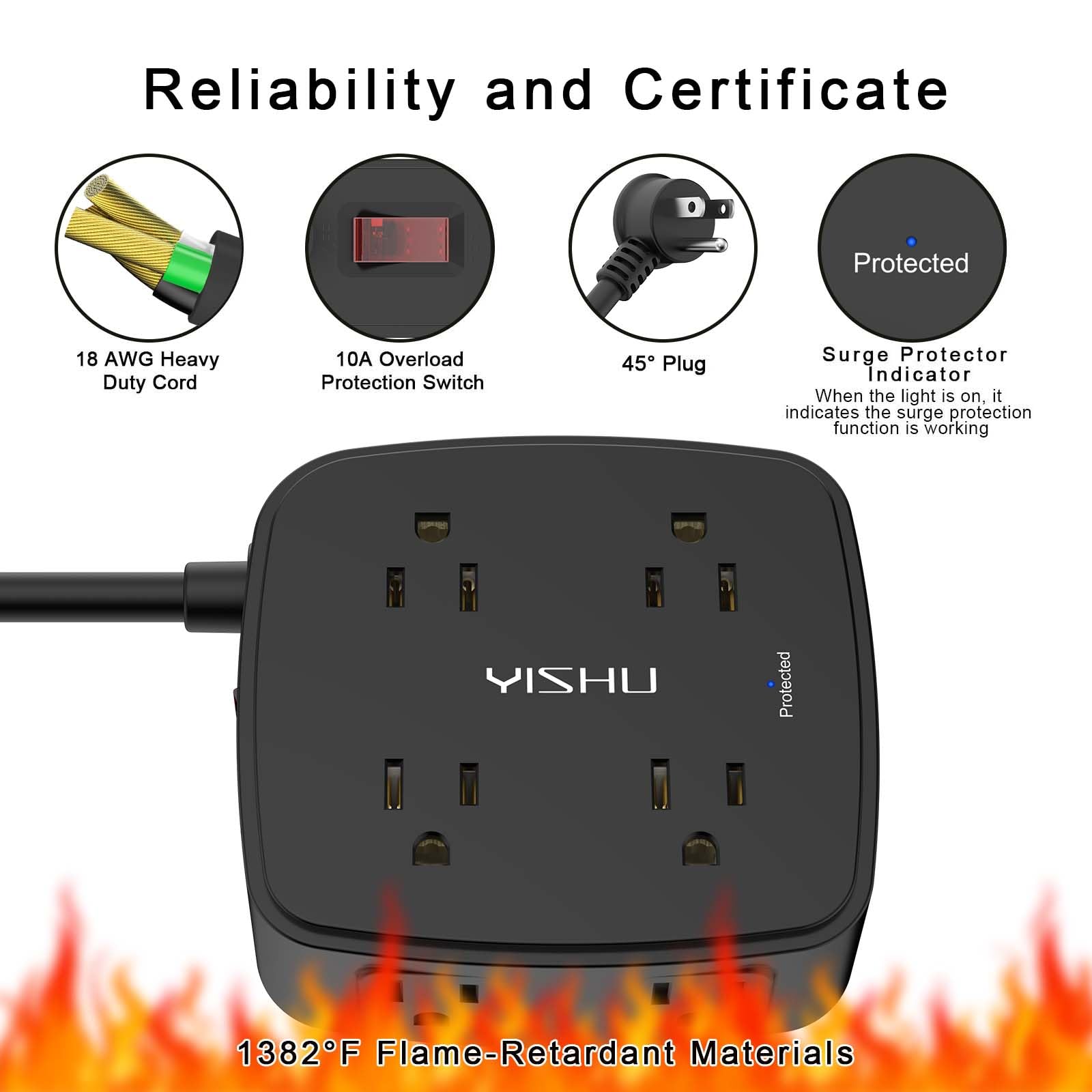 6Ft Surge Protector Power Strip with 8 Widely Outlets & 4 USB Ports | 3 Side Outlet Extender with 6 Feet Extension Cord, Flat Plug, for Home, Office, College Dorm Room Essentials, ETL, White
