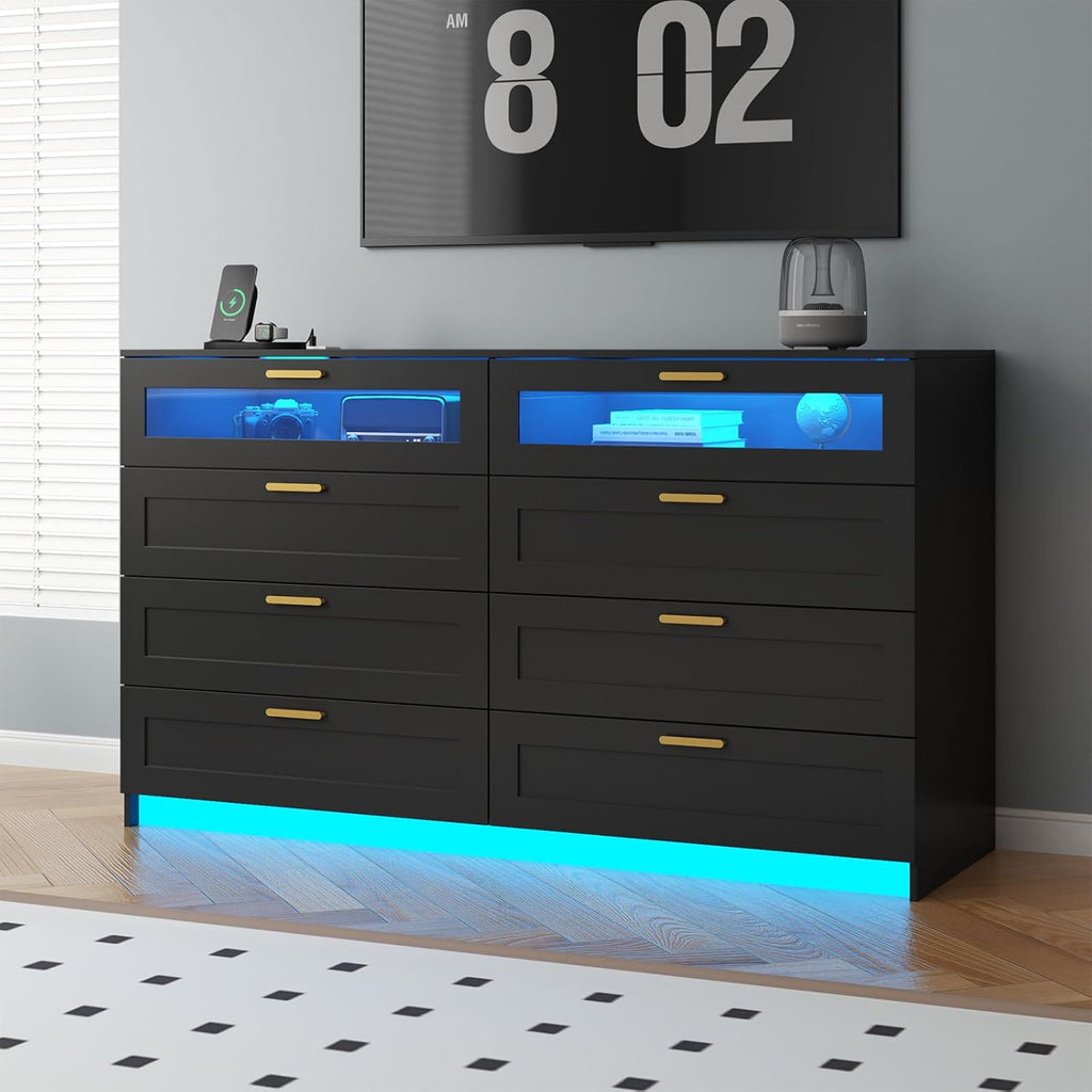 8 Drawers Dresser with Charging Station, Dresser for Bedroom with LED Light | Modern Chest of Drawers for Closet, Double Wide Dressers Organizer for Bedroom, Living Room, Entryway