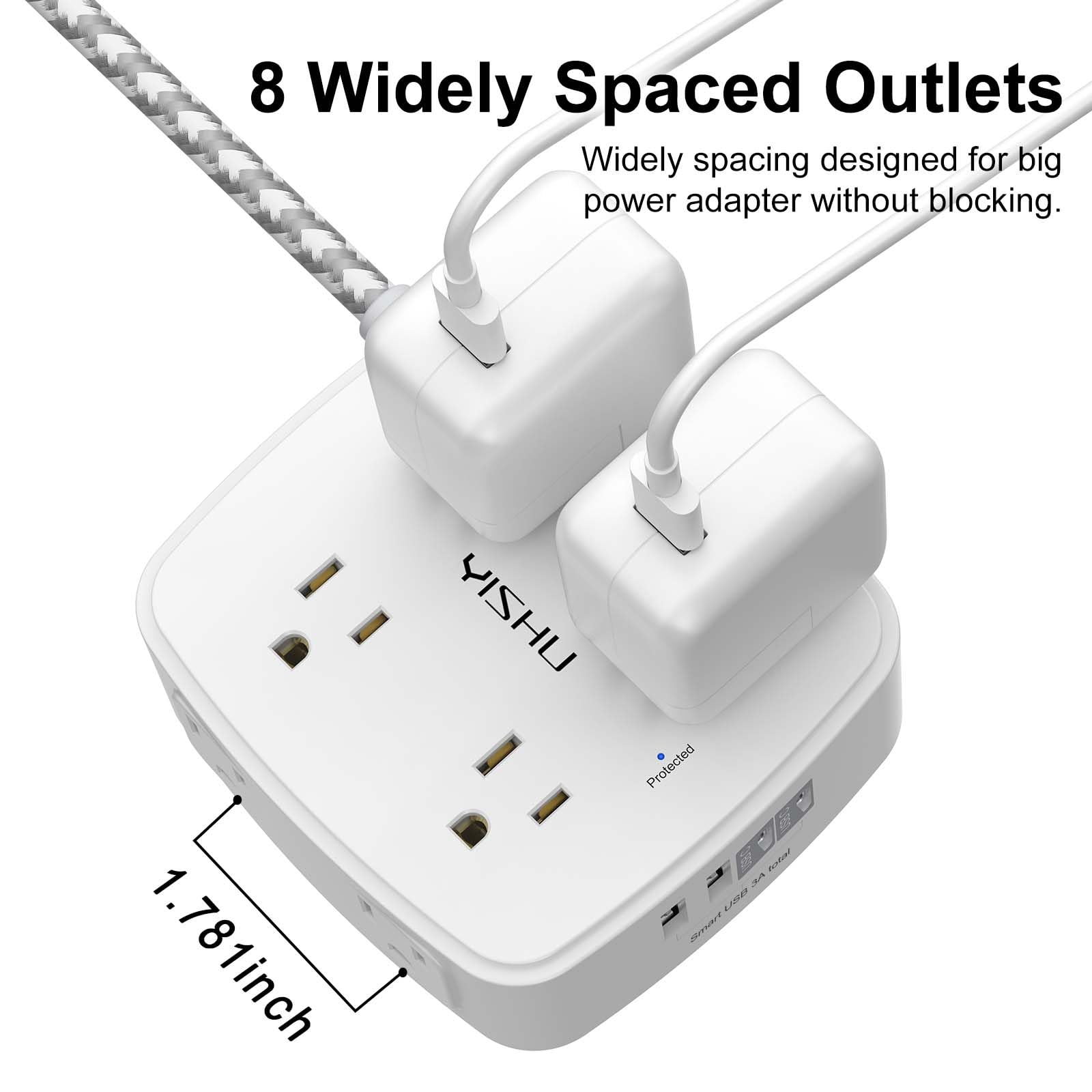 6Ft Surge Protector Power Strip with 8 Widely Outlets & 4 USB Ports | 3 Side Outlet Extender with 6 Feet Extension Cord, Flat Plug, for Home, Office, College Dorm Room Essentials, ETL, White