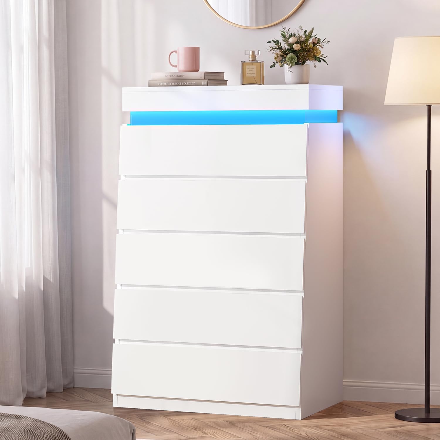 HAUOMS Tall White 5 Drawer Dresser with LED Light | Modern Chest of Drawers for Bedroom,Closet Dressers with Drawers for Living Room, Entryway, Hallway