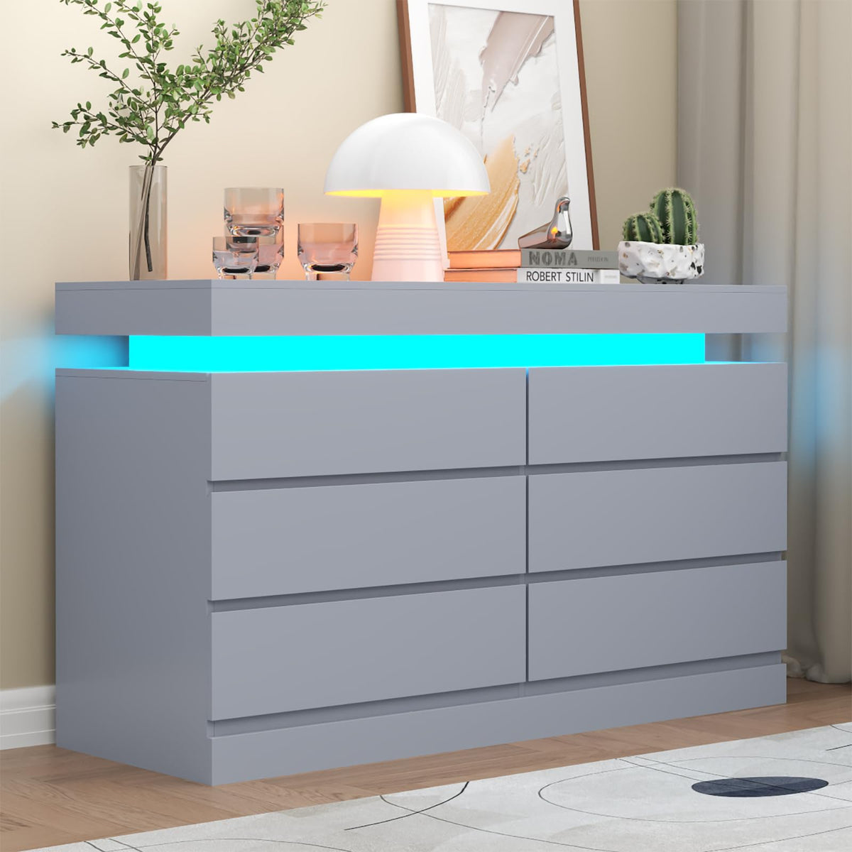 Gyfimoie 6 Drawer Dresser with Power Outlet, Dresser with LED Light | Modern Chest of Drawers for Closet, Wide Drawer Organizer Cabinet for Bedroom,Living Room