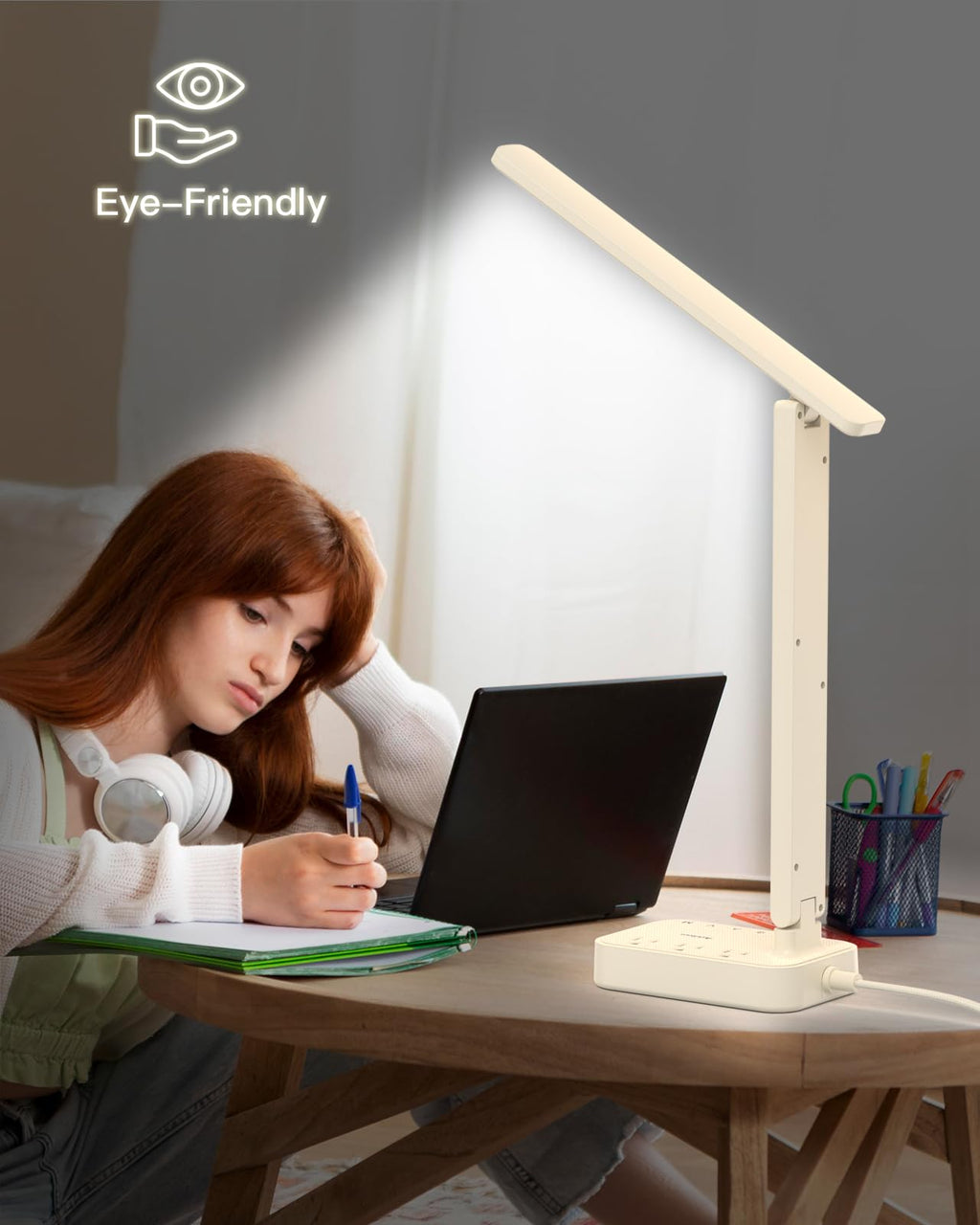 Addtam LED Desk Lamp, Power Strip with 3 Outlets 4 USB Charging Ports(2 USBC), 4 Modes 5 Level Brightness Touch Lamp, Small Desk Lamp for Home Office College Dorm Room Essentials