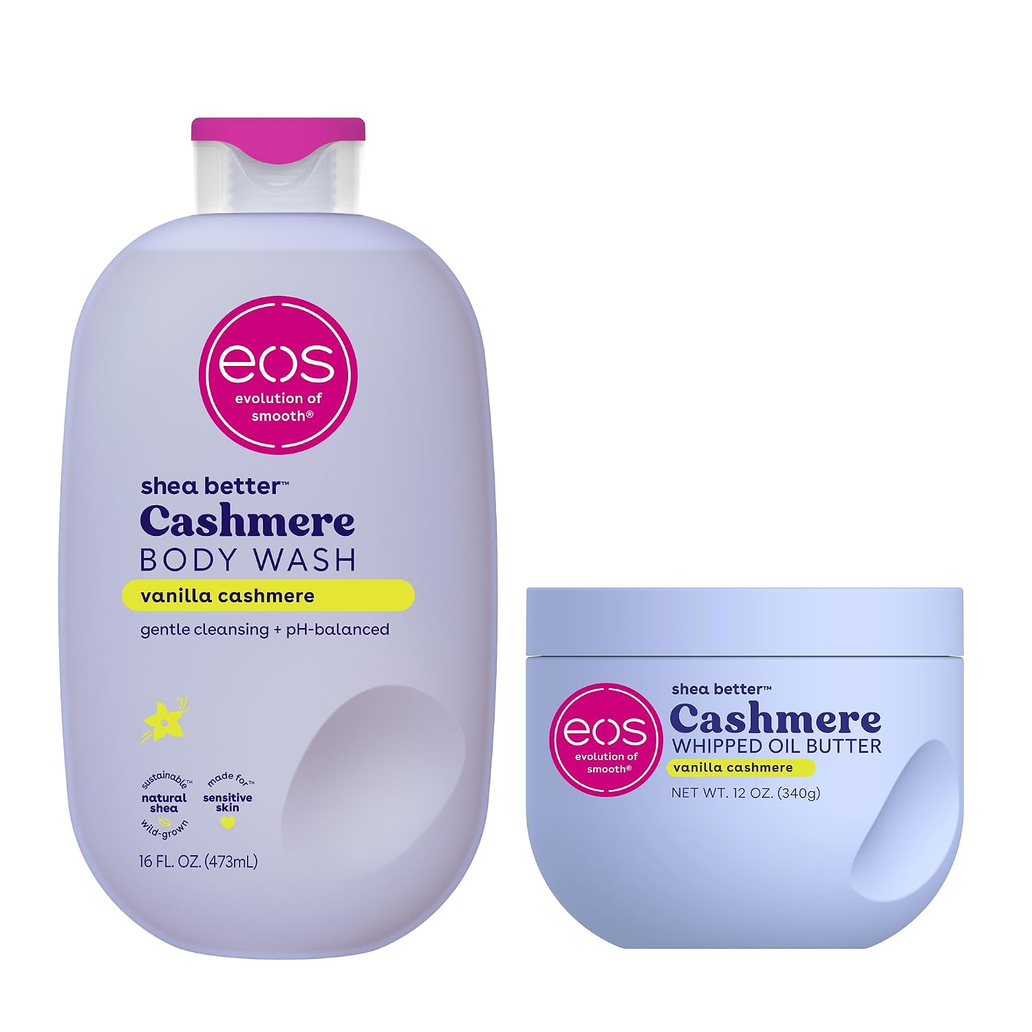 eos Body Wash, Vanilla Cashmere, Moisturizing Creamy Gel Formula with Shea Butter, Glycerin, Vitamin E, pH Balanced, Sensitive Skin, Vegan, 16 fl oz