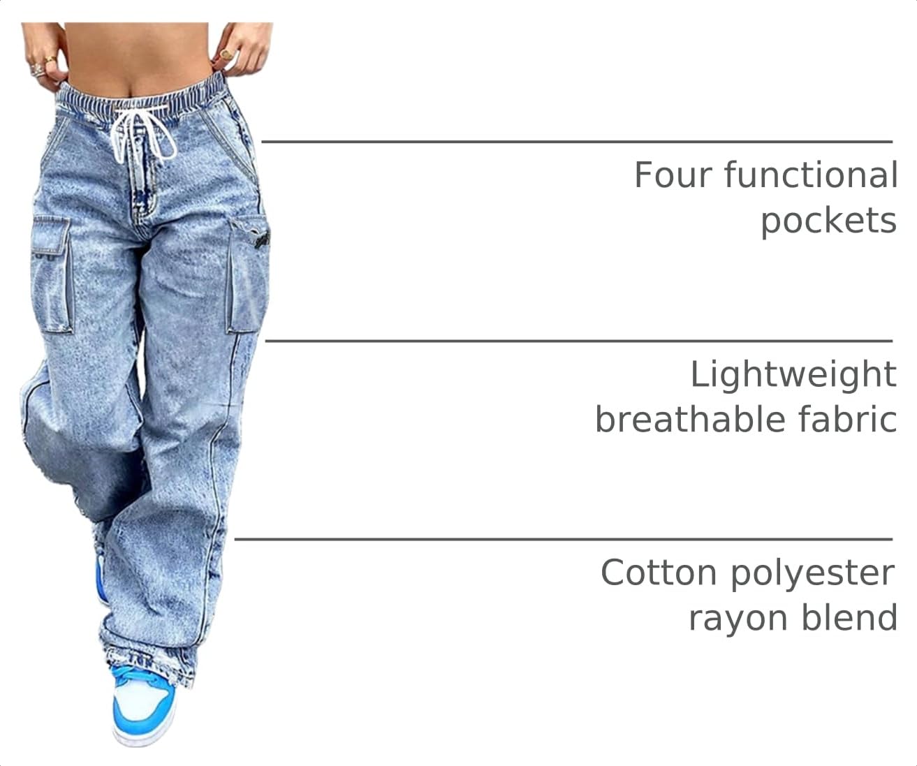Cargo Jeans for Women Baggy Stretchy Wide Leg Denim Pants High Waisted y2k | Elastic Waist,Streetwear,Side Pockets,Cute,Trendy,Curvy,Mid Rise,Chic,Tall,Tie,Boyfriend,Loose,Casual,Fashion,Oversized
