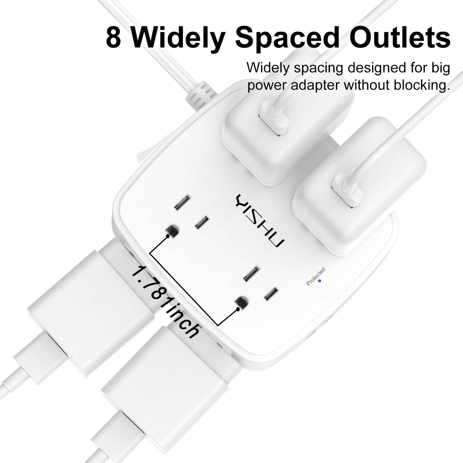 6Ft Surge Protector Power Strip with 8 Widely Outlets & 4 USB Ports | 3 Side Outlet Extender with 6 Feet Extension Cord, Flat Plug, for Home, Office, College Dorm Room Essentials, ETL, White