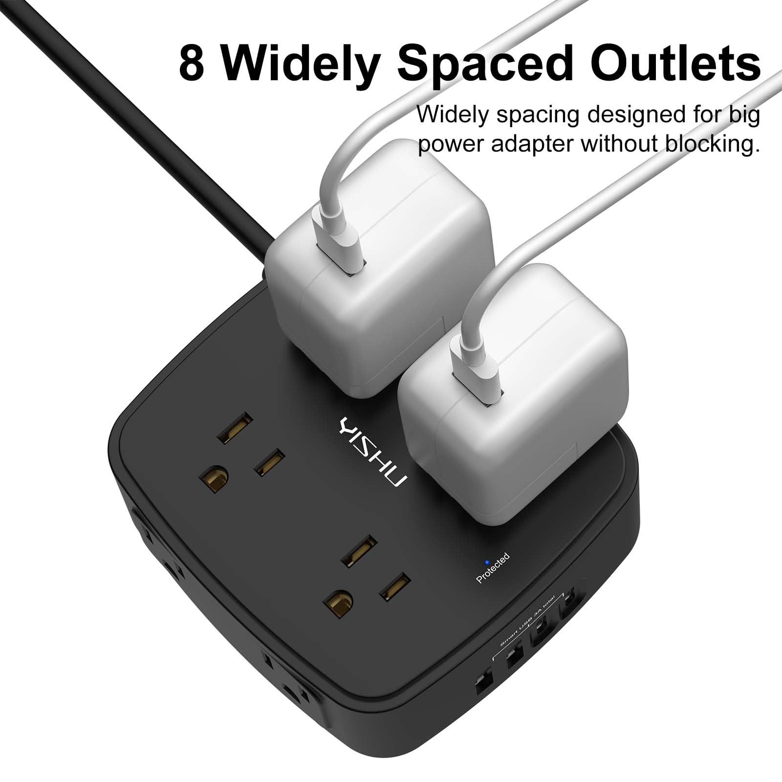 6Ft Surge Protector Power Strip with 8 Widely Outlets & 4 USB Ports | 3 Side Outlet Extender with 6 Feet Extension Cord, Flat Plug, for Home, Office, College Dorm Room Essentials, ETL, White