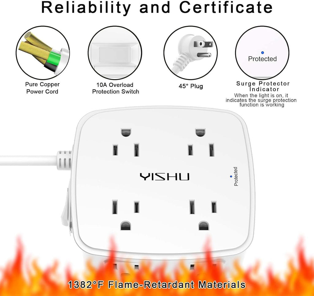 6Ft Surge Protector Power Strip with 8 Widely Outlets & 4 USB Ports | 3 Side Outlet Extender with 6 Feet Extension Cord, Flat Plug, for Home, Office, College Dorm Room Essentials, ETL, White