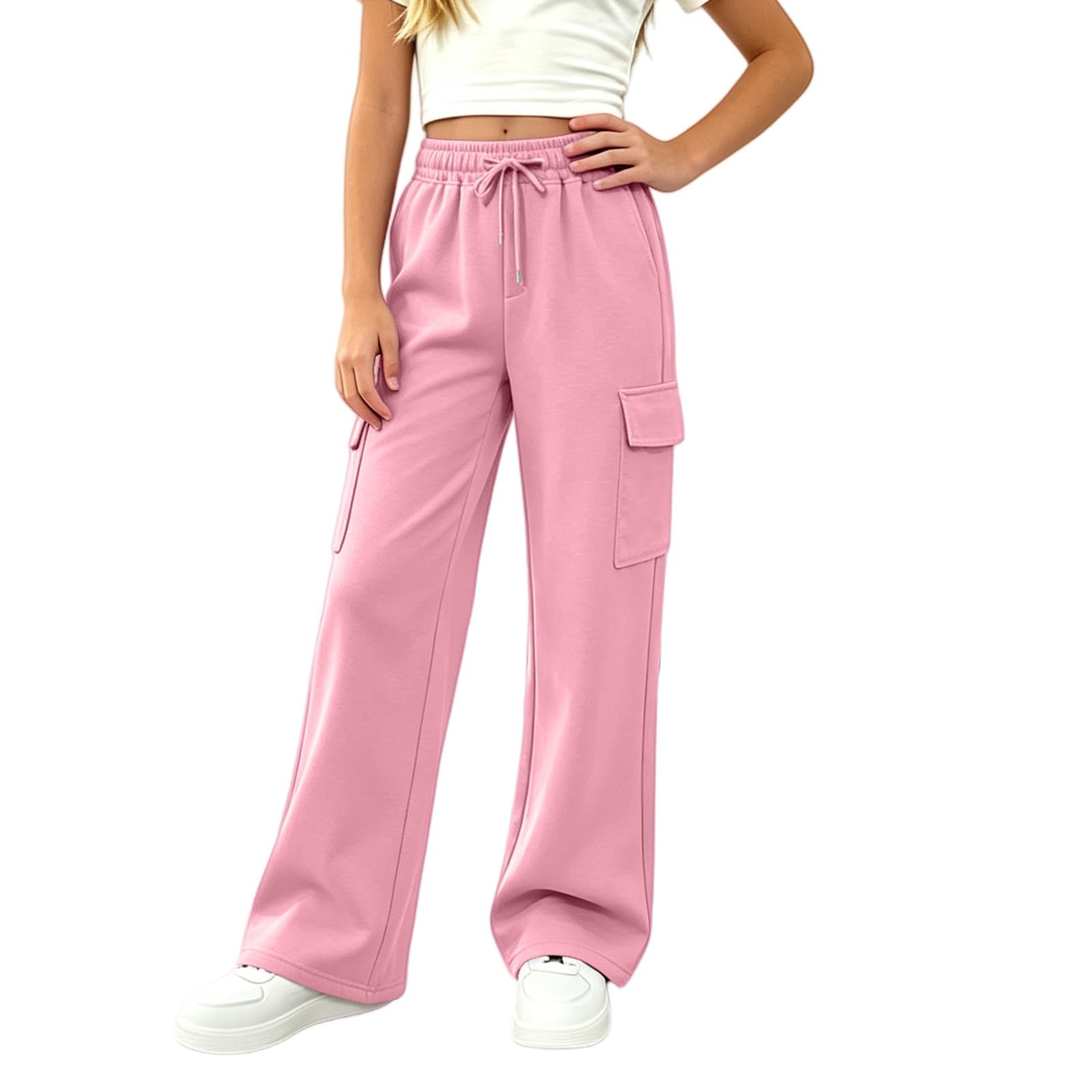 Girls Sweatpants Preppy Kids Cargo Pants Wide Leg Baggy Sweat Pants Teen Joggers Casual Trousers with Pockets