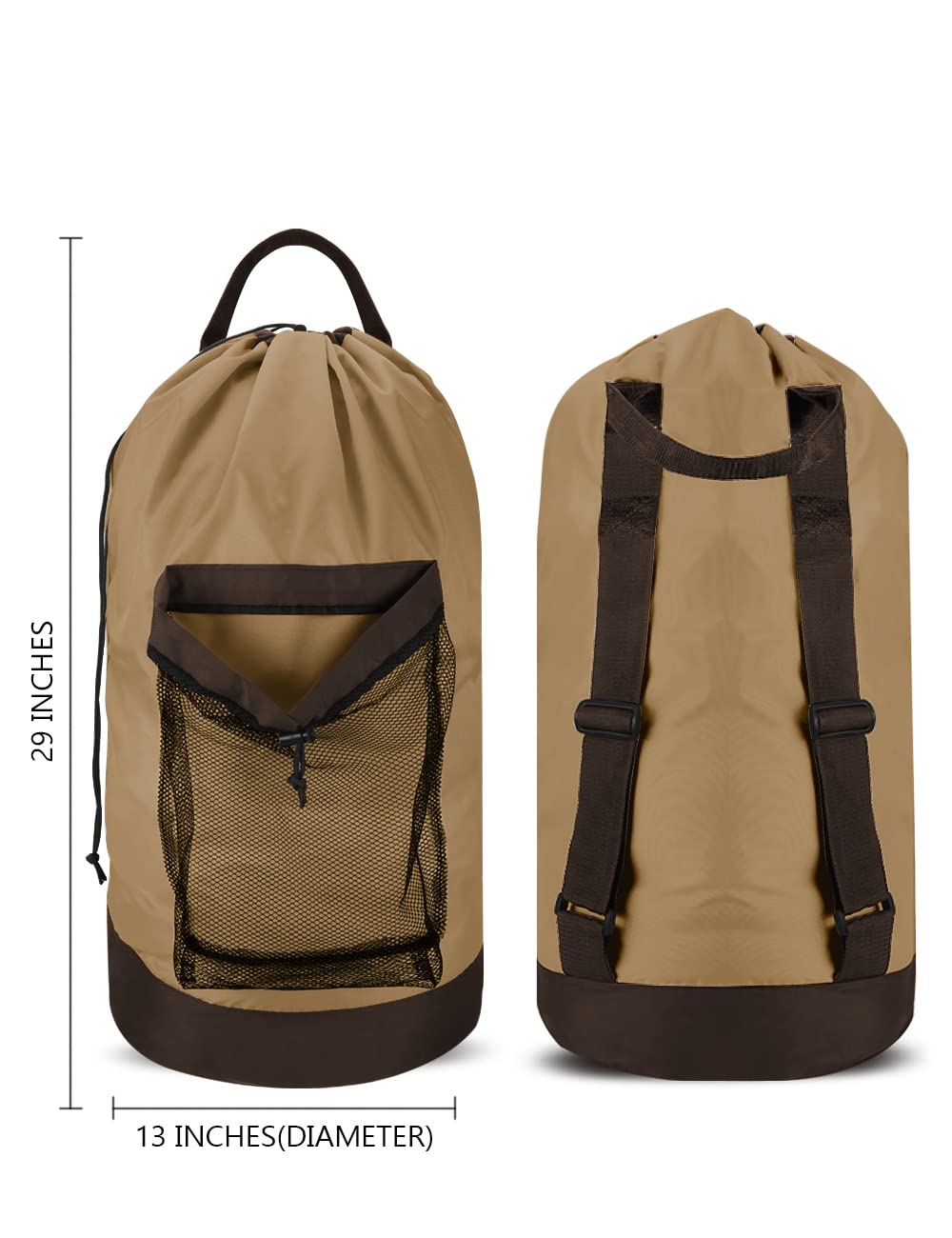 Backpack Laundry Bag, 115L Large Hamper with Shoulder Straps, Drawstring Closure, Mesh Pocket, Khaki