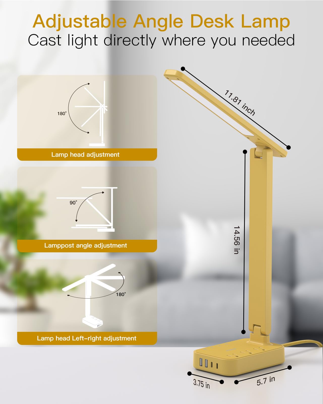 Addtam LED Desk Lamp, Power Strip with 3 Outlets 4 USB Charging Ports(2 USBC), 4 Modes 5 Level Brightness Touch Lamp, Small Desk Lamp for Home Office College Dorm Room Essentials