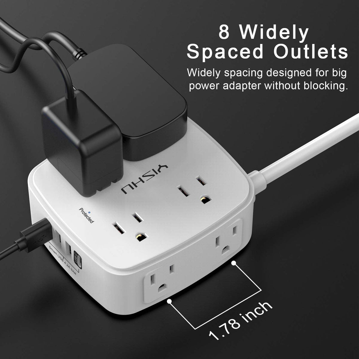 6Ft Surge Protector Power Strip with 8 Widely Outlets & 4 USB Ports | 3 Side Outlet Extender with 6 Feet Extension Cord, Flat Plug, for Home, Office, College Dorm Room Essentials, ETL, White