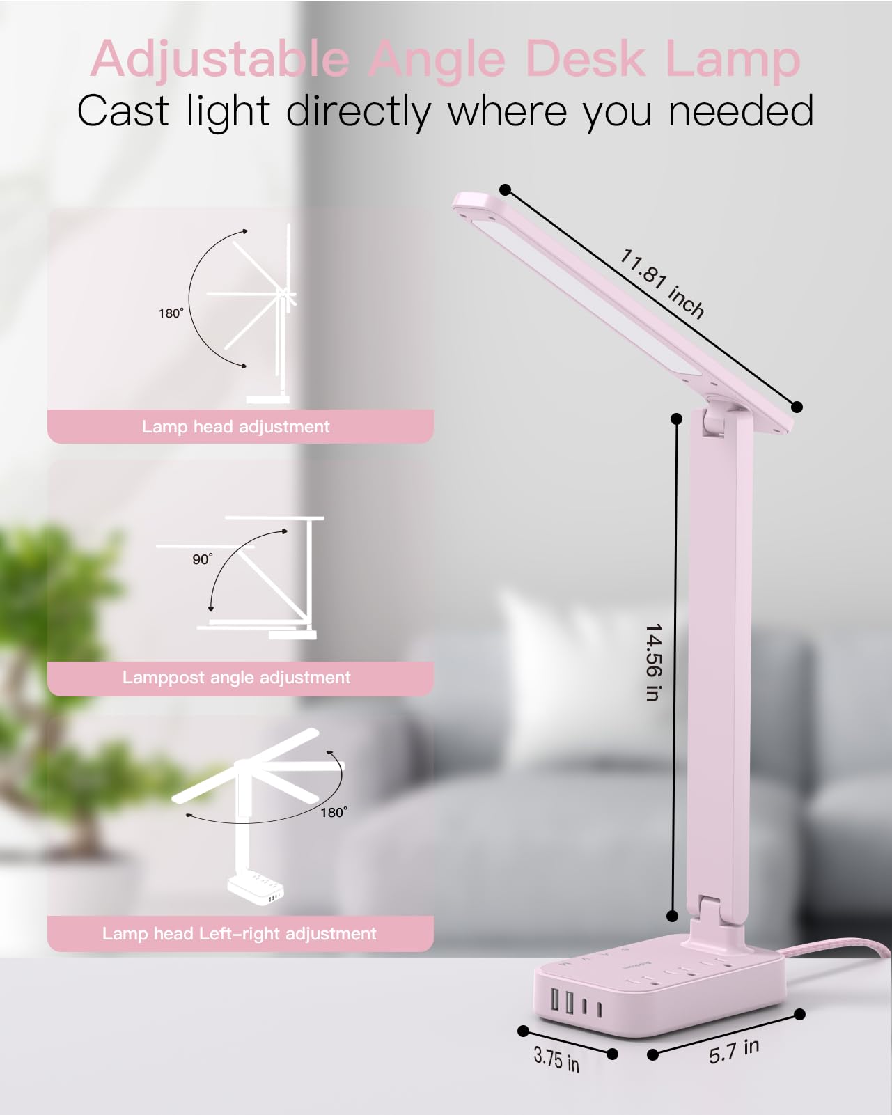 Addtam LED Desk Lamp, Power Strip with 3 Outlets 4 USB Charging Ports(2 USBC), 4 Modes 5 Level Brightness Touch Lamp, Small Desk Lamp for Home Office College Dorm Room Essentials
