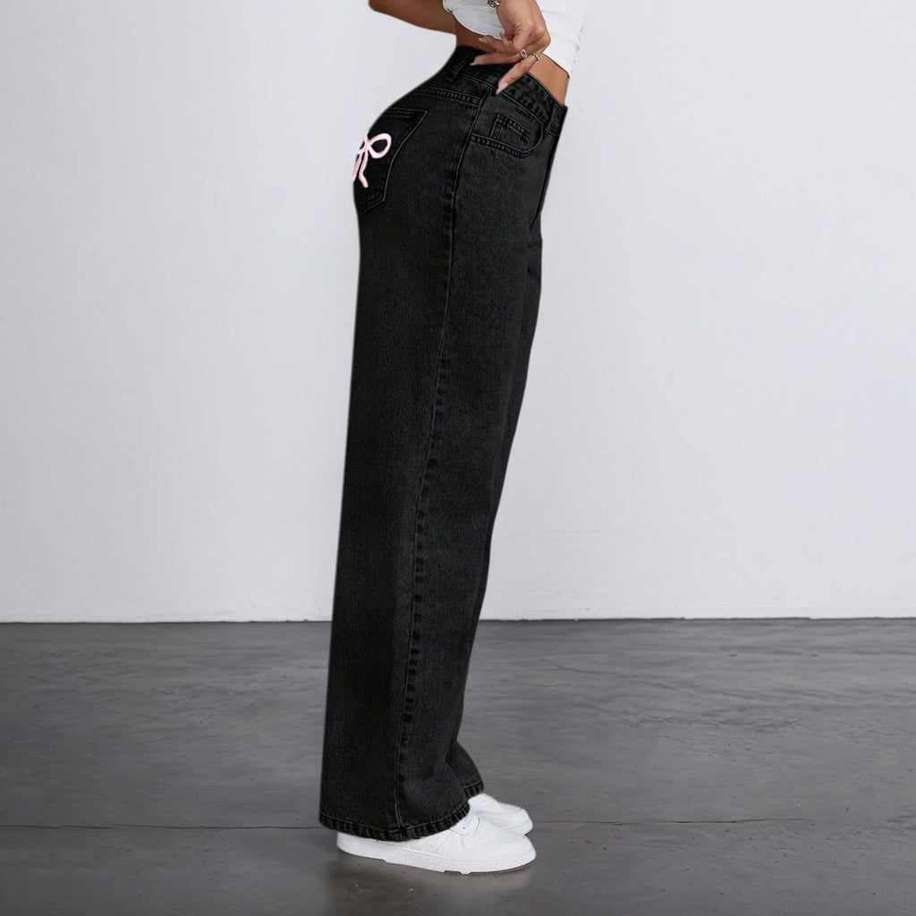 Jeans for Girls Cute Baggy Pants Wide Leg High Waisted Trousers with Pocket | Back to School Clothes Teens Outfits Bow Embroidery Wide Leg Denim Pants Y2k Tween Clothes 7-16Y