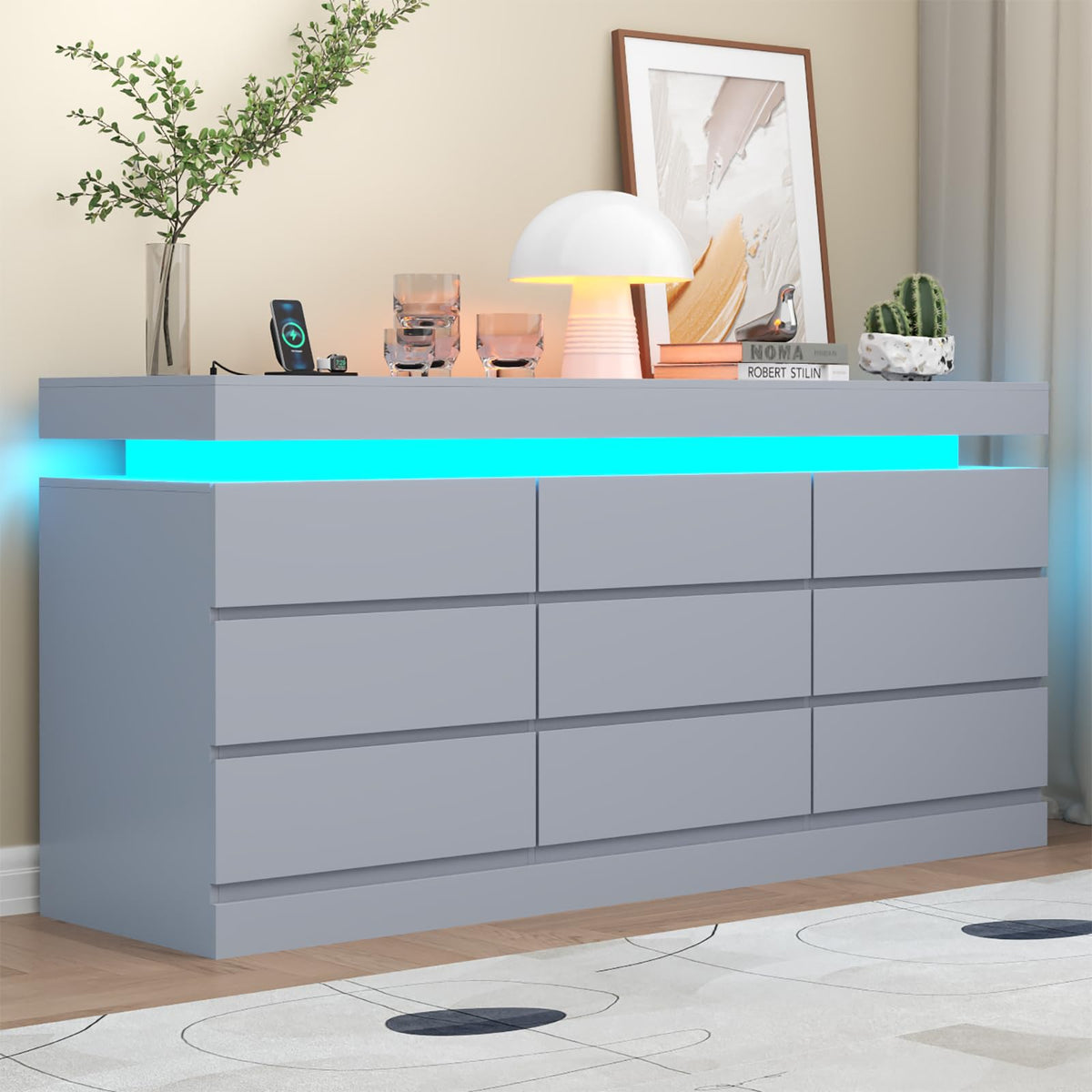 Gyfimoie 6 Drawer Dresser with Power Outlet, Dresser with LED Light | Modern Chest of Drawers for Closet, Wide Drawer Organizer Cabinet for Bedroom,Living Room