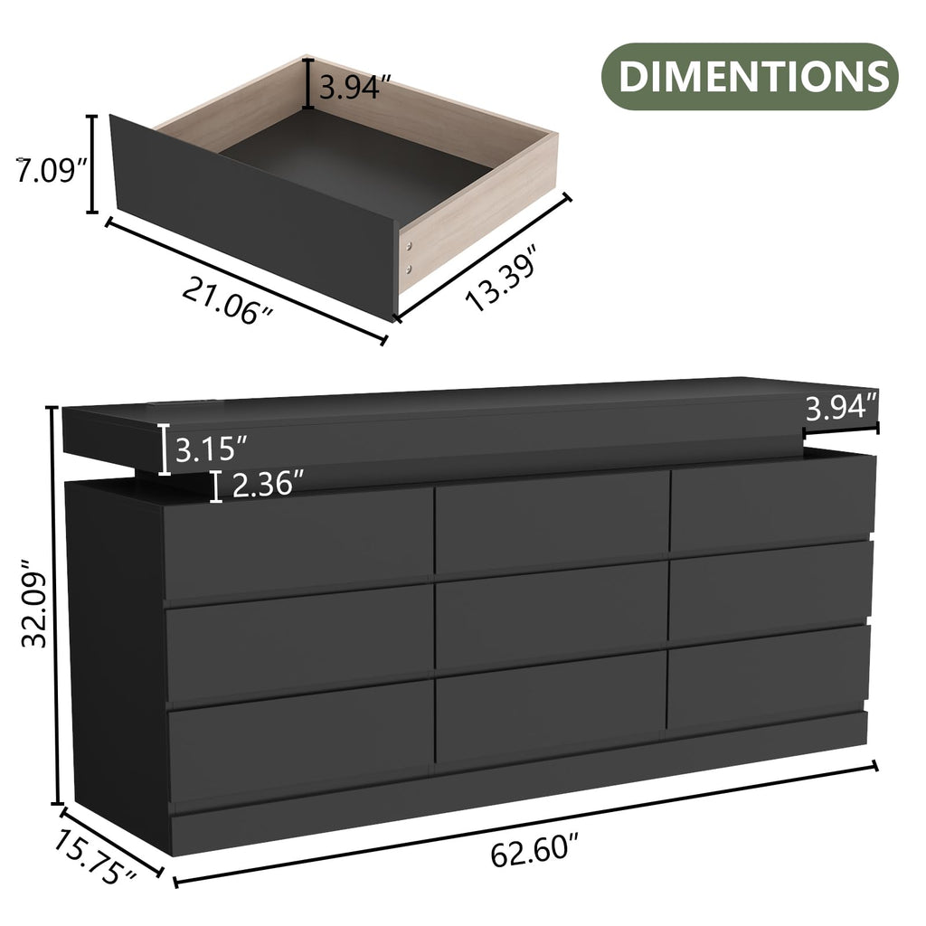 Gyfimoie 6 Drawer Dresser with Power Outlet, Dresser with LED Light | Modern Chest of Drawers for Closet, Wide Drawer Organizer Cabinet for Bedroom,Living Room