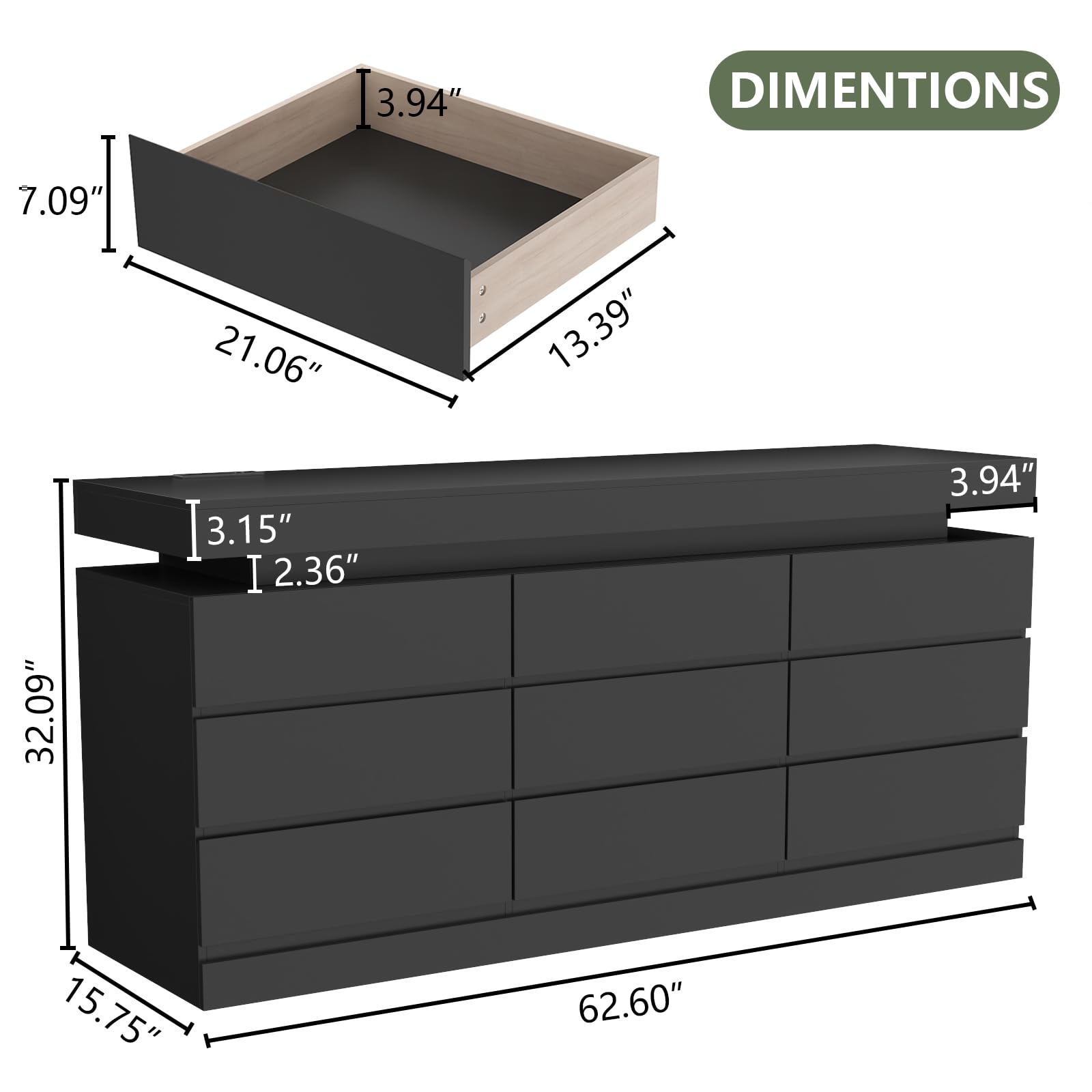 Gyfimoie 6 Drawer Dresser with Power Outlet, Dresser with LED Light | Modern Chest of Drawers for Closet, Wide Drawer Organizer Cabinet for Bedroom,Living Room