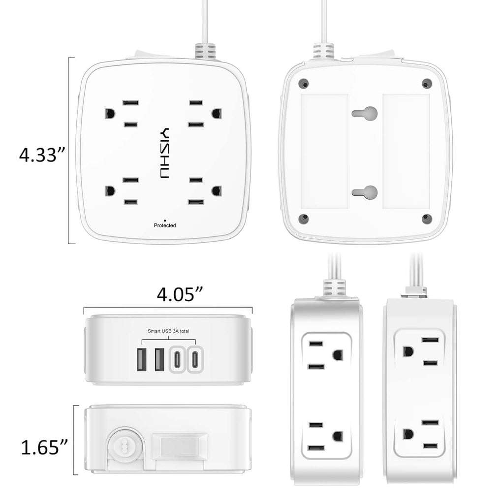 6Ft Surge Protector Power Strip with 8 Widely Outlets & 4 USB Ports | 3 Side Outlet Extender with 6 Feet Extension Cord, Flat Plug, for Home, Office, College Dorm Room Essentials, ETL, White