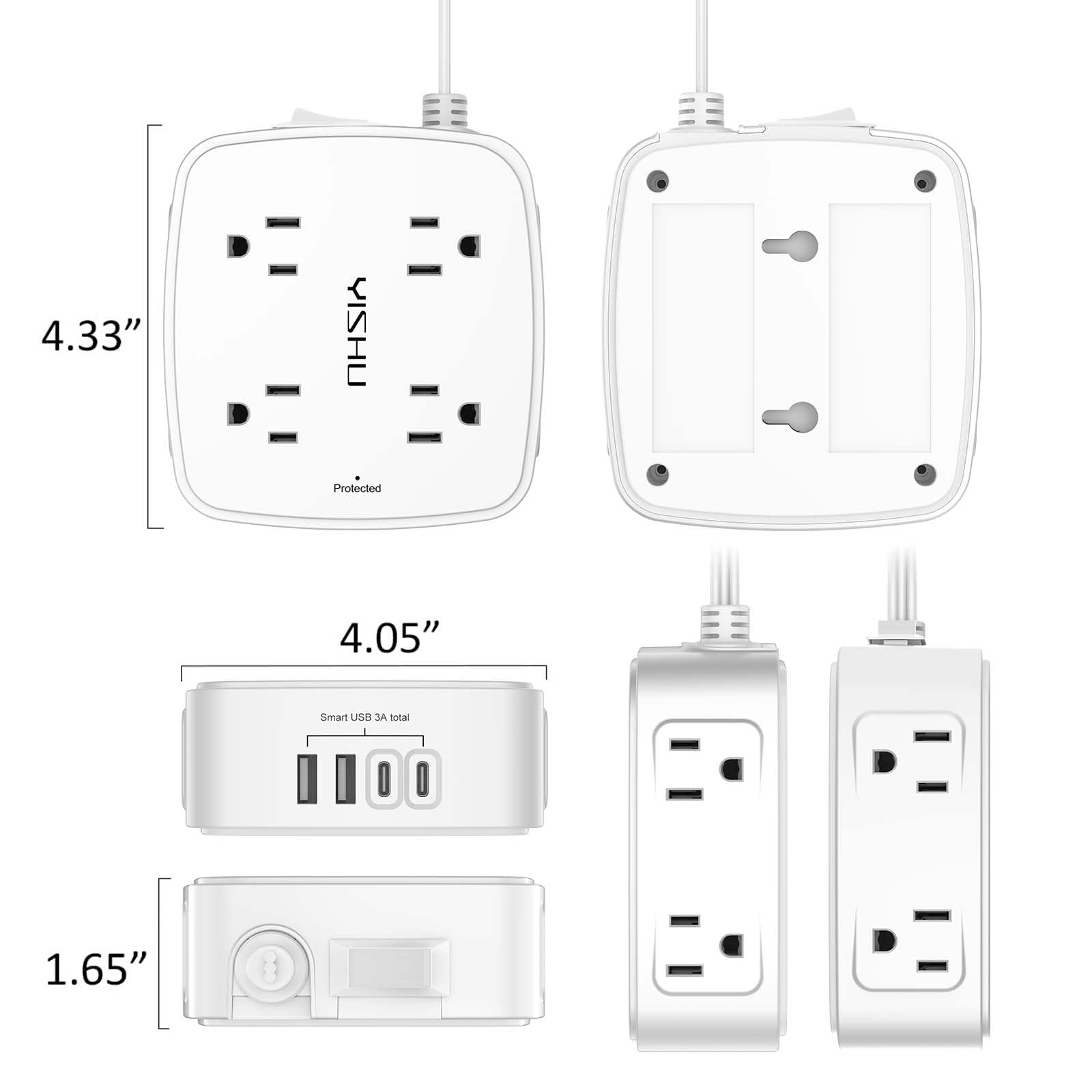 6Ft Surge Protector Power Strip with 8 Widely Outlets & 4 USB Ports | 3 Side Outlet Extender with 6 Feet Extension Cord, Flat Plug, for Home, Office, College Dorm Room Essentials, ETL, White