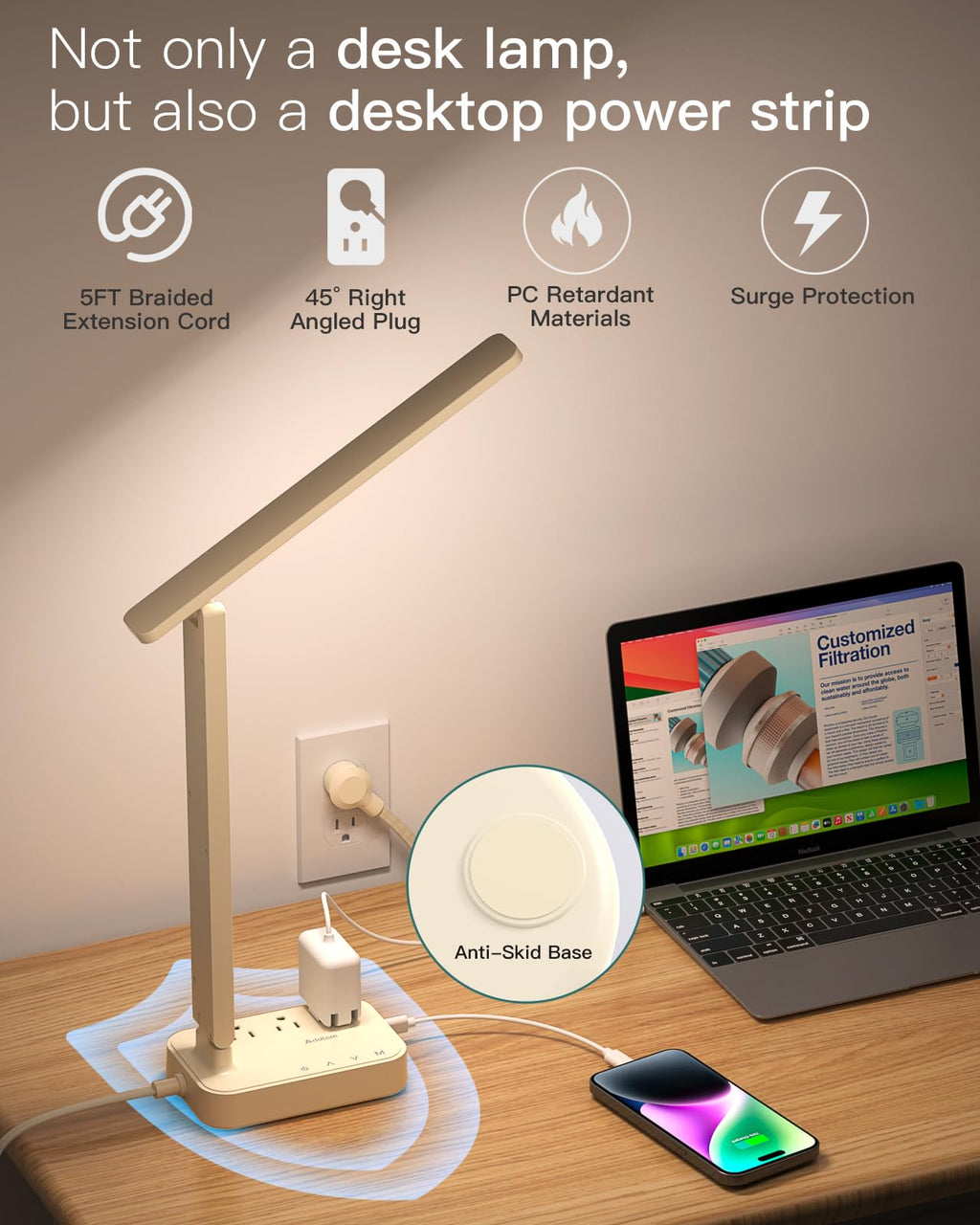 Addtam LED Desk Lamp, Power Strip with 3 Outlets 4 USB Charging Ports(2 USBC), 4 Modes 5 Level Brightness Touch Lamp, Small Desk Lamp for Home Office College Dorm Room Essentials