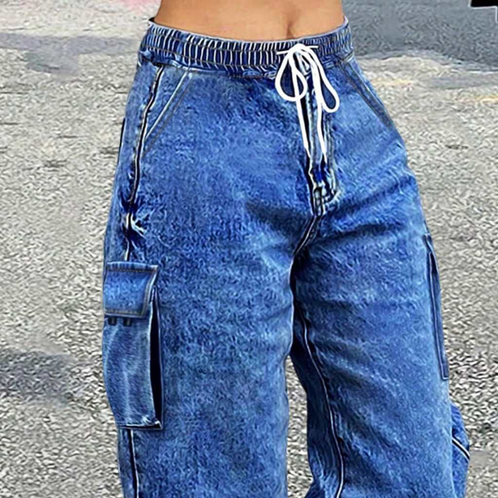 Cargo Jeans for Women Baggy Stretchy Wide Leg Denim Pants High Waisted y2k | Elastic Waist,Streetwear,Side Pockets,Cute,Trendy,Curvy,Mid Rise,Chic,Tall,Tie,Boyfriend,Loose,Casual,Fashion,Oversized