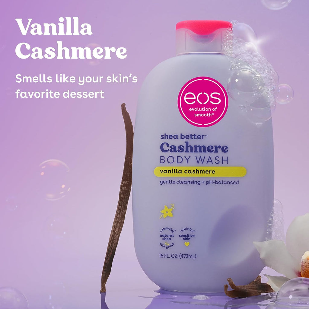eos Body Wash, Vanilla Cashmere, Moisturizing Creamy Gel Formula with Shea Butter, Glycerin, Vitamin E, pH Balanced, Sensitive Skin, Vegan, 16 fl oz