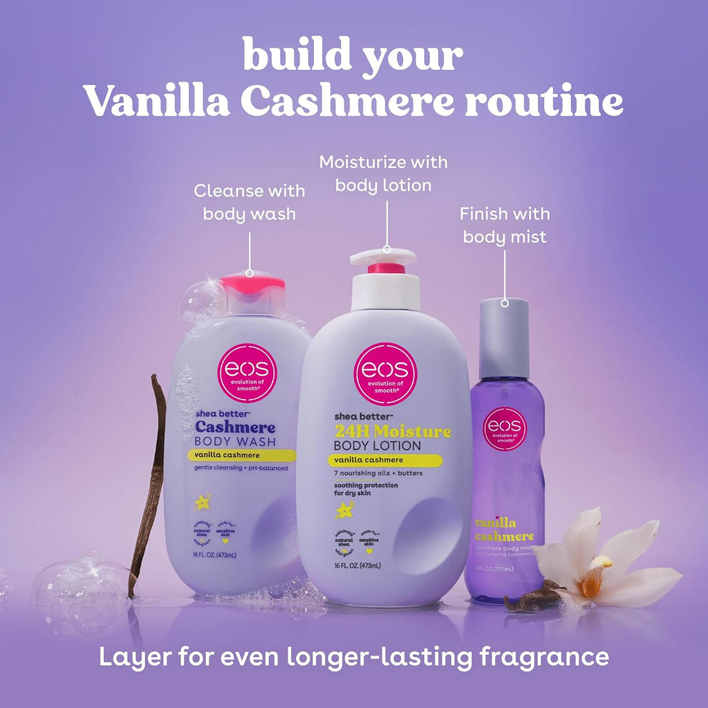 eos Body Wash, Vanilla Cashmere, Moisturizing Creamy Gel Formula with Shea Butter, Glycerin, Vitamin E, pH Balanced, Sensitive Skin, Vegan, 16 fl oz
