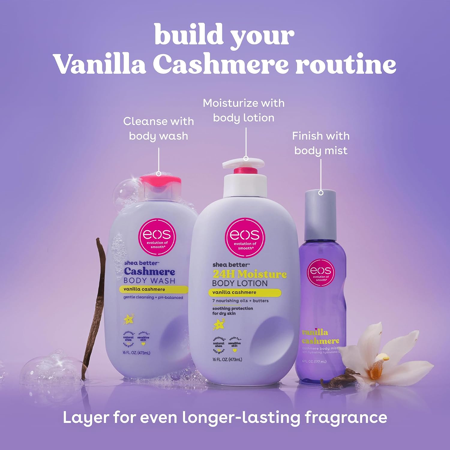 eos Body Wash, Vanilla Cashmere, Moisturizing Creamy Gel Formula with Shea Butter, Glycerin, Vitamin E, pH Balanced, Sensitive Skin, Vegan, 16 fl oz
