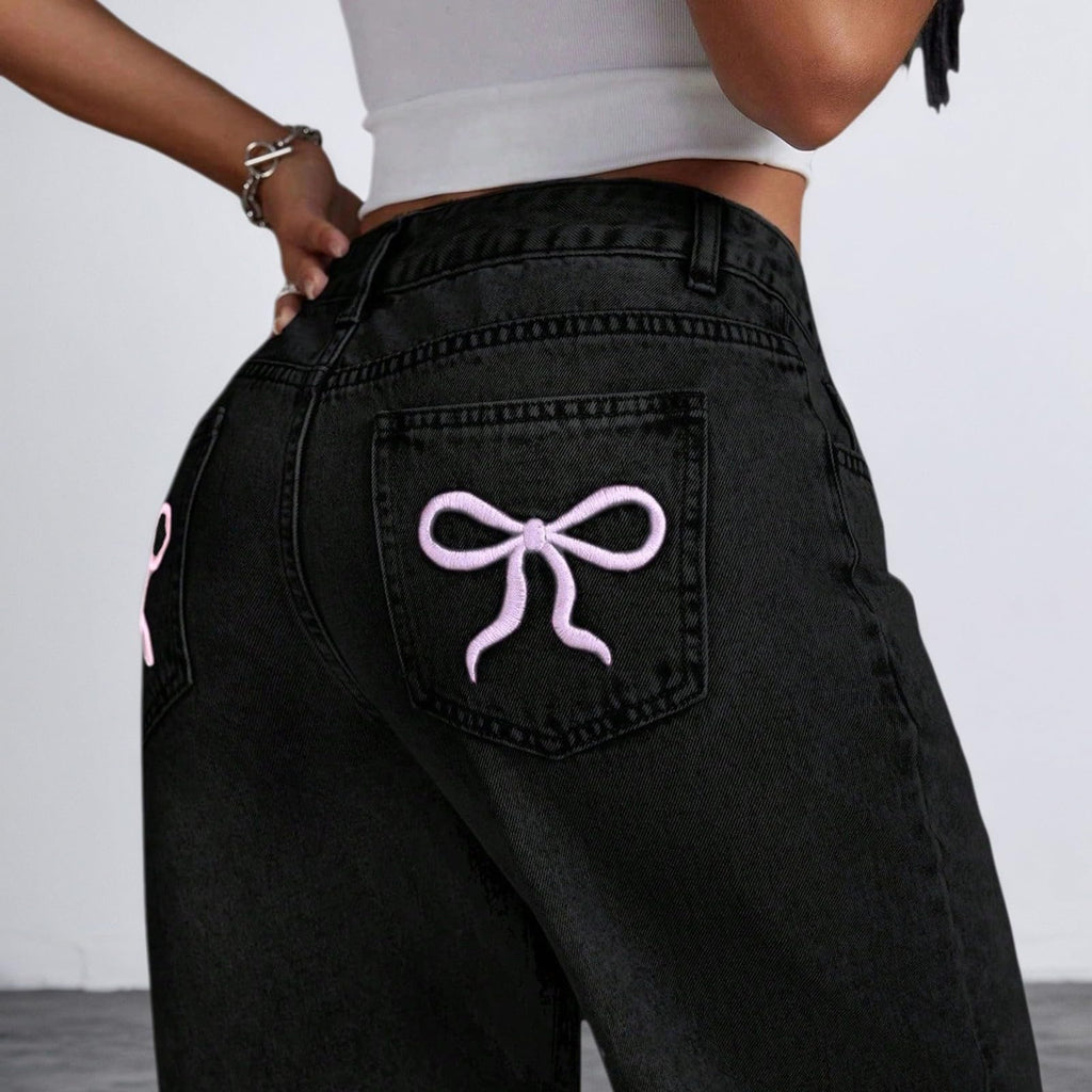 Jeans for Girls Cute Baggy Pants Wide Leg High Waisted Trousers with Pocket | Back to School Clothes Teens Outfits Bow Embroidery Wide Leg Denim Pants Y2k Tween Clothes 7-16Y