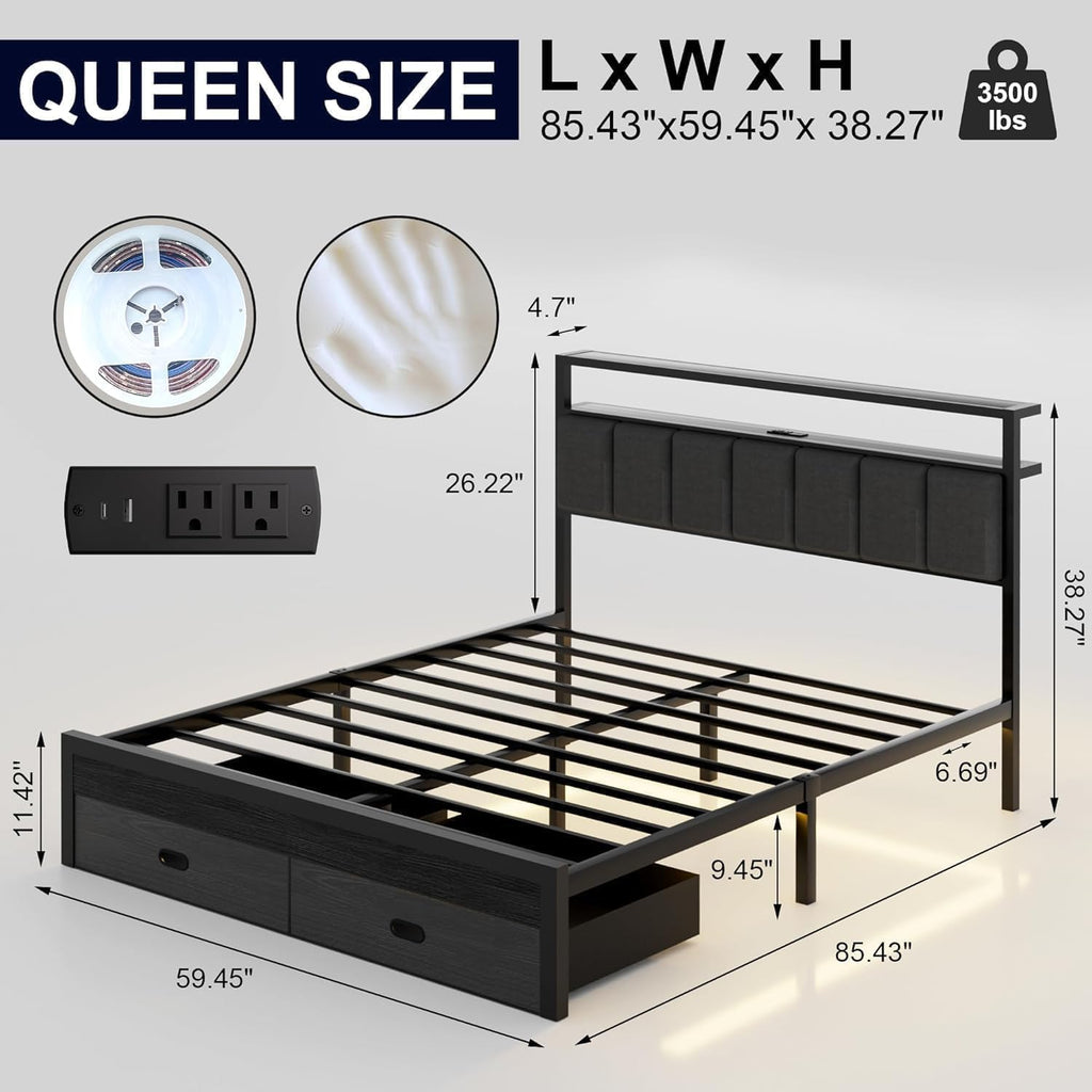 Full Bed Frames with Storage Drawer, Platform Bed with Charging Station and LED Lights, Upholstered Headboard with 2-Tier Storage Shelves, No Box Spring Needed