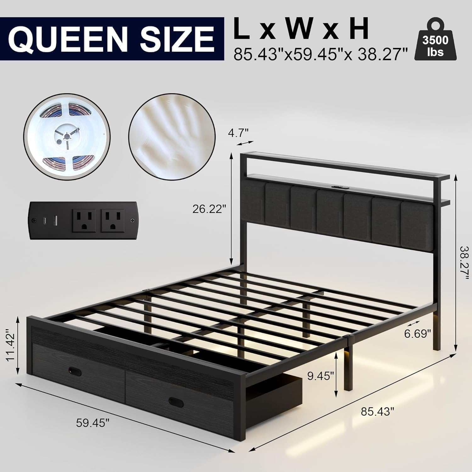 Full Bed Frames with Storage Drawer, Platform Bed with Charging Station and LED Lights, Upholstered Headboard with 2-Tier Storage Shelves, No Box Spring Needed