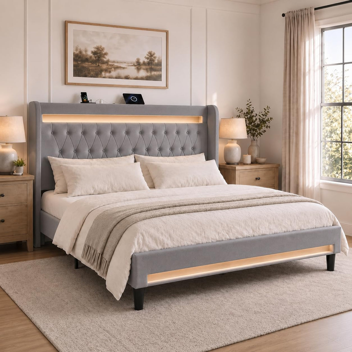 Allewie Queen Size Upholstered Bed Frame with LED & Charging Station, Black | Customizable LED lights, charging station, tufted wingback headboard, noise-reducing support, and no box spring needed.