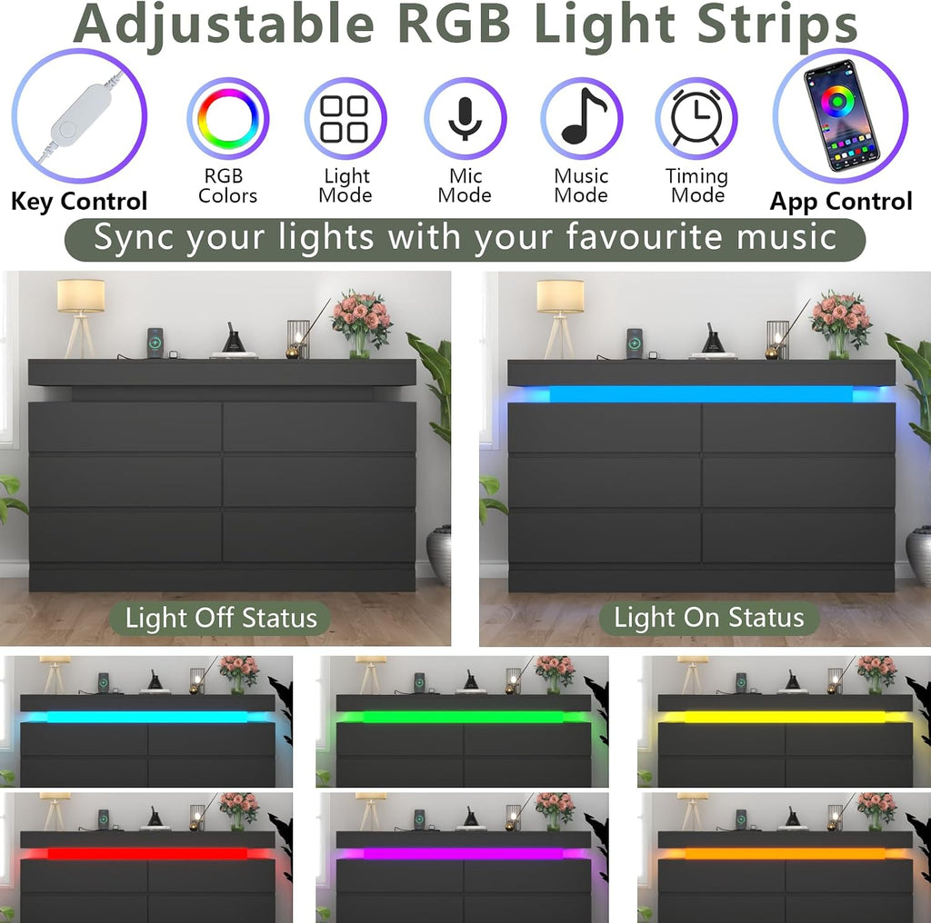 Gyfimoie 6 Drawer Dresser with Power Outlet, Dresser with LED Light | Modern Chest of Drawers for Closet, Wide Drawer Organizer Cabinet for Bedroom,Living Room