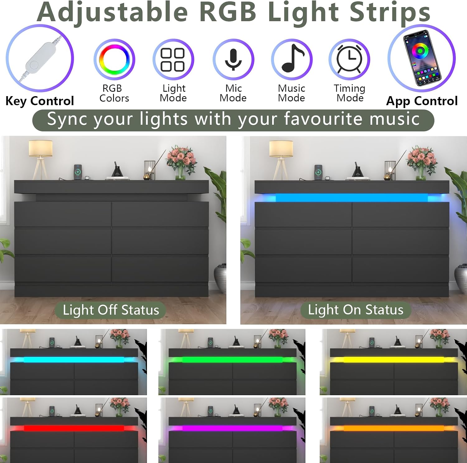Gyfimoie 6 Drawer Dresser with Power Outlet, Dresser with LED Light | Modern Chest of Drawers for Closet, Wide Drawer Organizer Cabinet for Bedroom,Living Room