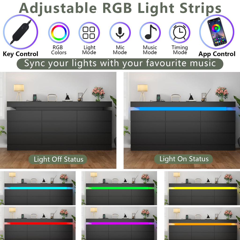 Gyfimoie 6 Drawer Dresser with Power Outlet, Dresser with LED Light | Modern Chest of Drawers for Closet, Wide Drawer Organizer Cabinet for Bedroom,Living Room