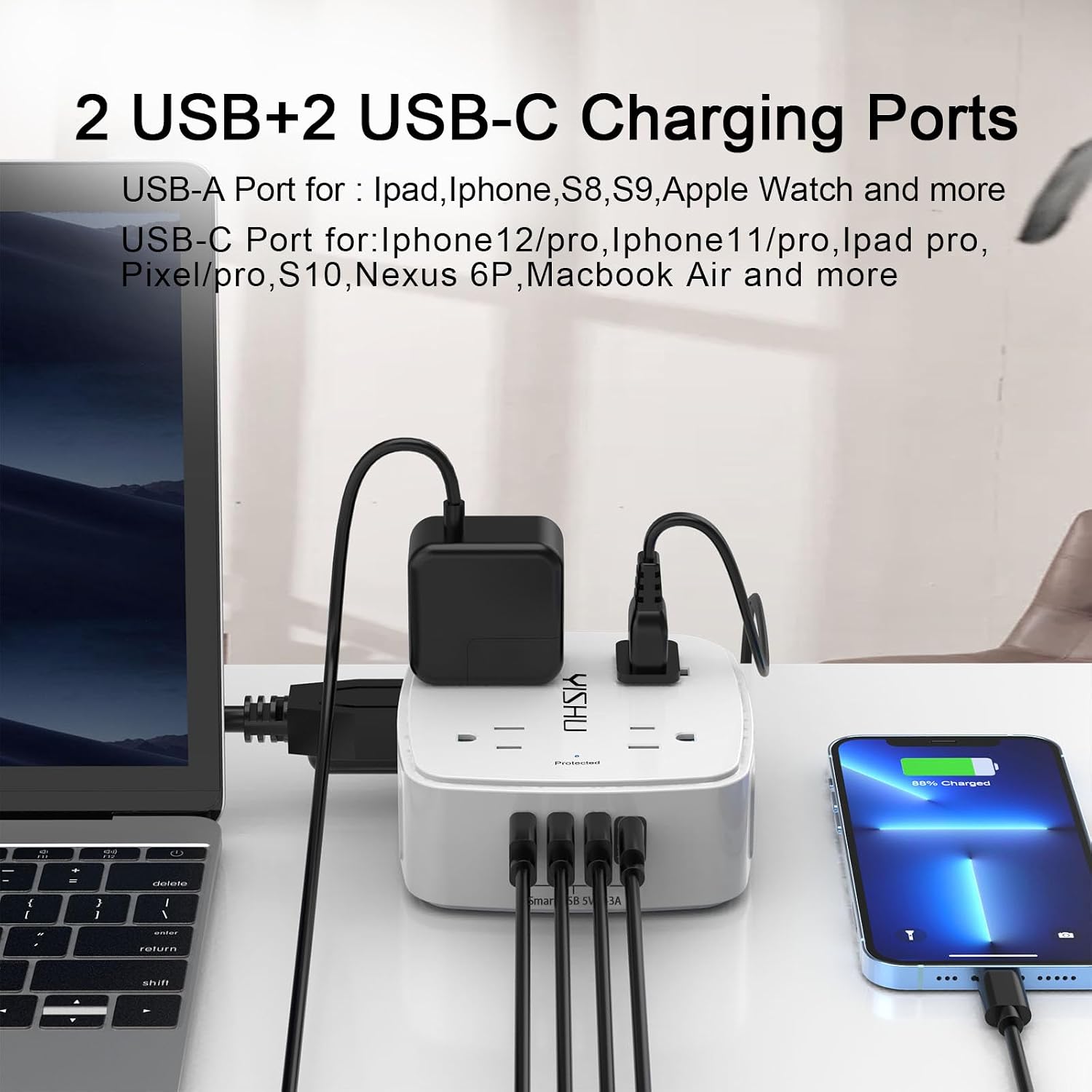 6Ft Surge Protector Power Strip with 8 Widely Outlets & 4 USB Ports | 3 Side Outlet Extender with 6 Feet Extension Cord, Flat Plug, for Home, Office, College Dorm Room Essentials, ETL, White