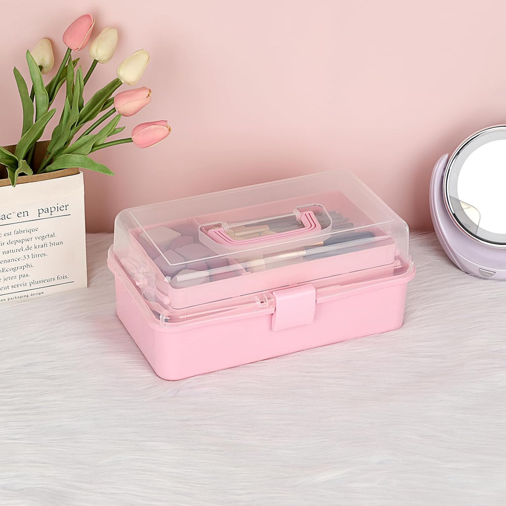 BTSKY 3-Layer Plastic Dividing Storage Box Craft Organizer and Storage | Portable Handled Art Supply Organizer with Adjustable Spacers Multipurpose Home Utility Box for Medicine, Sewing(Pink)