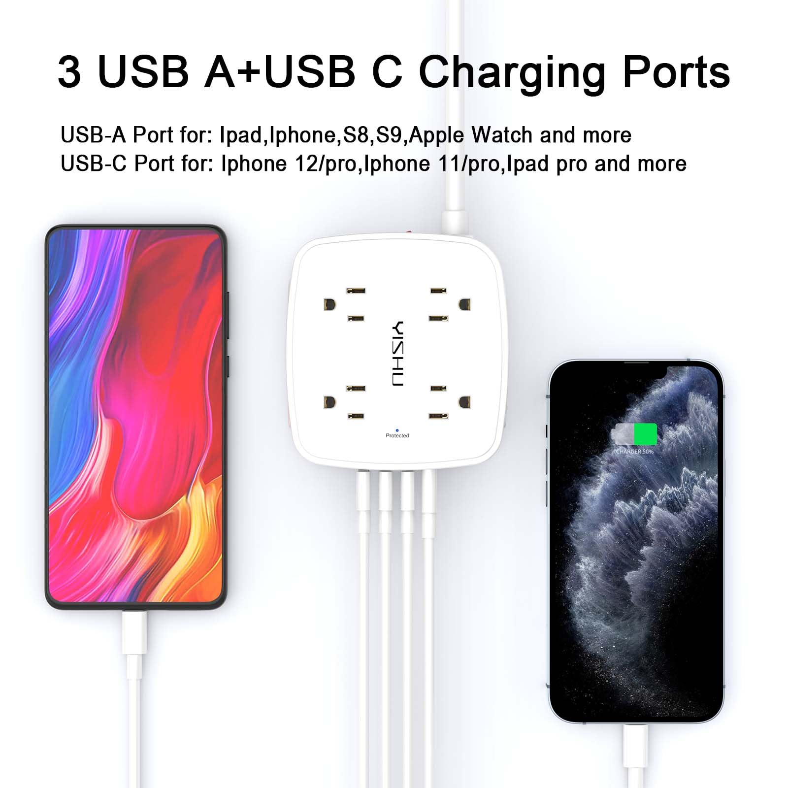 6Ft Surge Protector Power Strip with 8 Widely Outlets & 4 USB Ports | 3 Side Outlet Extender with 6 Feet Extension Cord, Flat Plug, for Home, Office, College Dorm Room Essentials, ETL, White