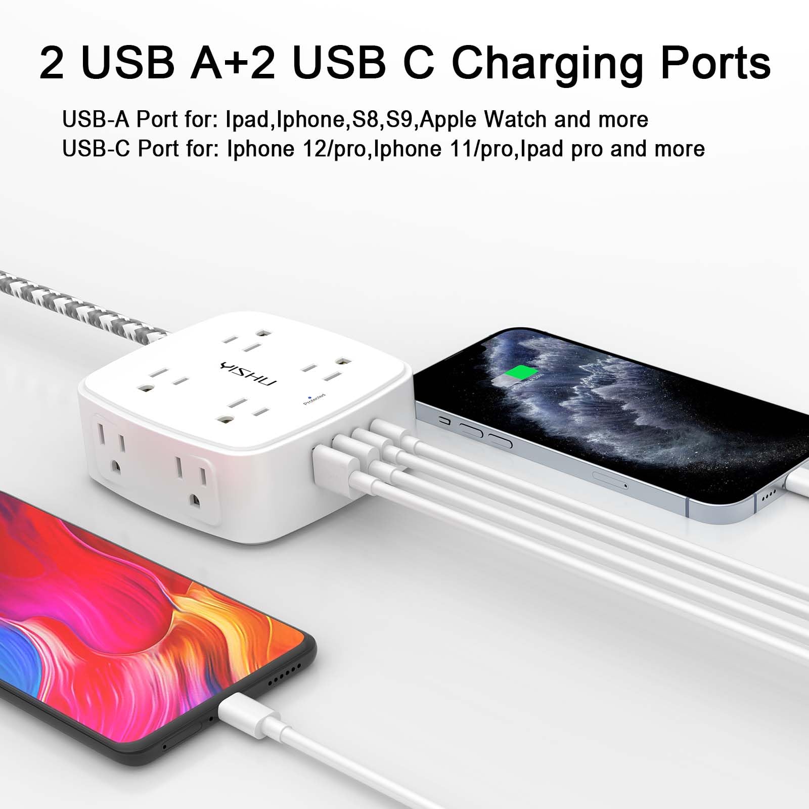 6Ft Surge Protector Power Strip with 8 Widely Outlets & 4 USB Ports | 3 Side Outlet Extender with 6 Feet Extension Cord, Flat Plug, for Home, Office, College Dorm Room Essentials, ETL, White