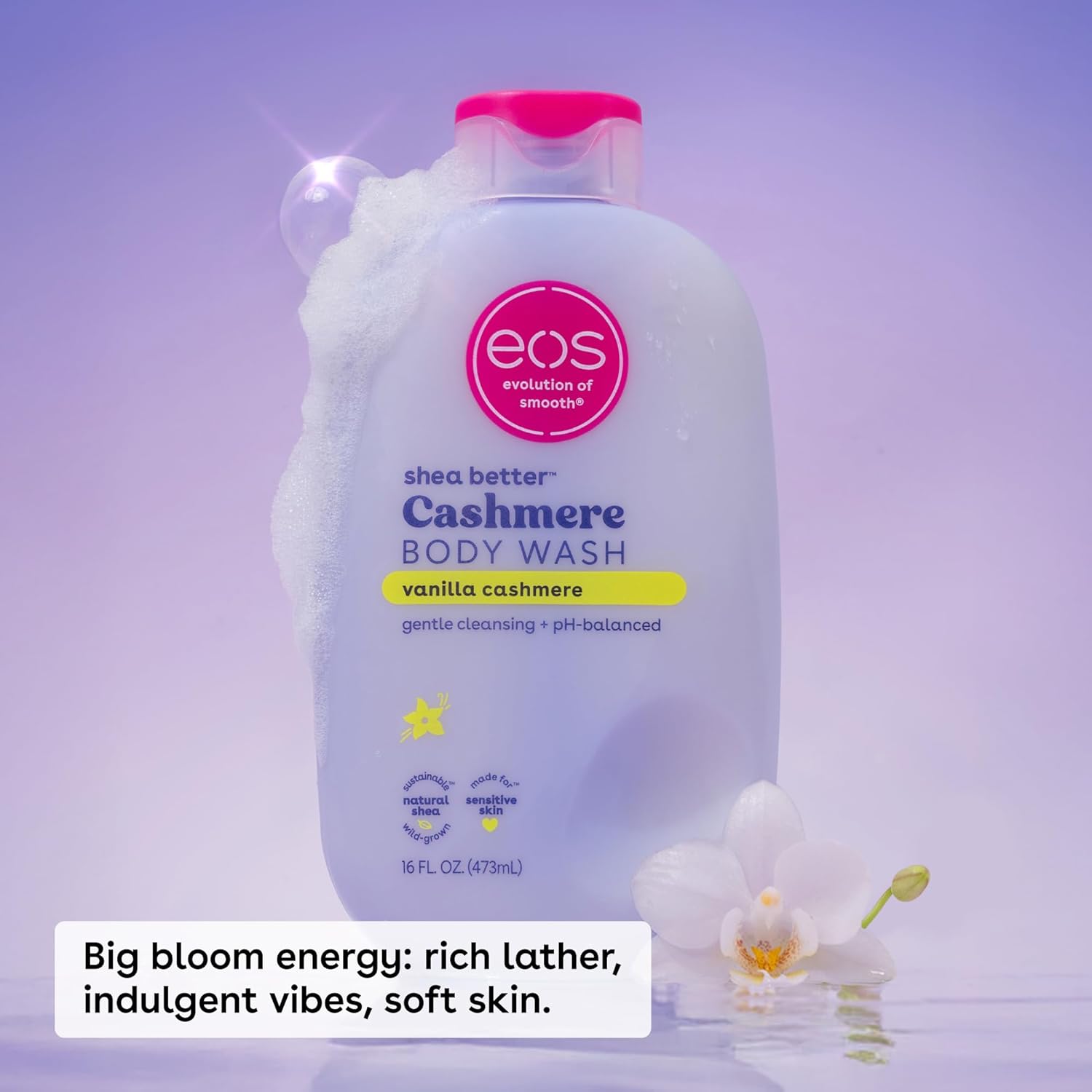 eos Body Wash, Vanilla Cashmere, Moisturizing Creamy Gel Formula with Shea Butter, Glycerin, Vitamin E, pH Balanced, Sensitive Skin, Vegan, 16 fl oz