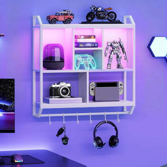 HOOBRO Gaming Floating Shelves with LED Lights, 28.7" LED Wall Mounted Shelf, 3-Tier Display Rack for Wall Storage, Floating Rack with Hanging Rod and 6 S-Hooks, for Gaming Room, White WT70DBJ01